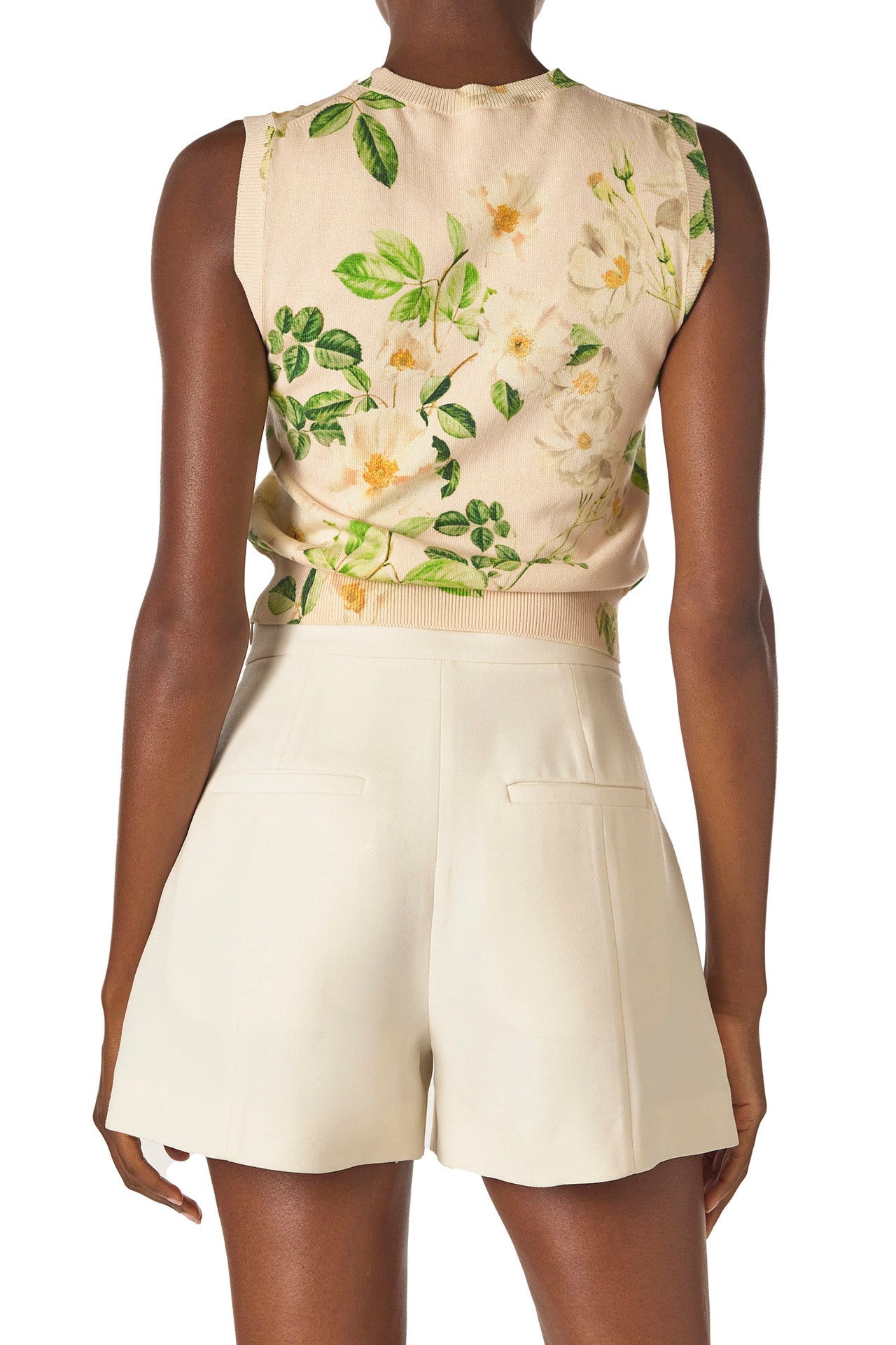 Monique Lhuillier Spring 2025 rose printed knit sleeveless shell in Bellini Multi color - back.