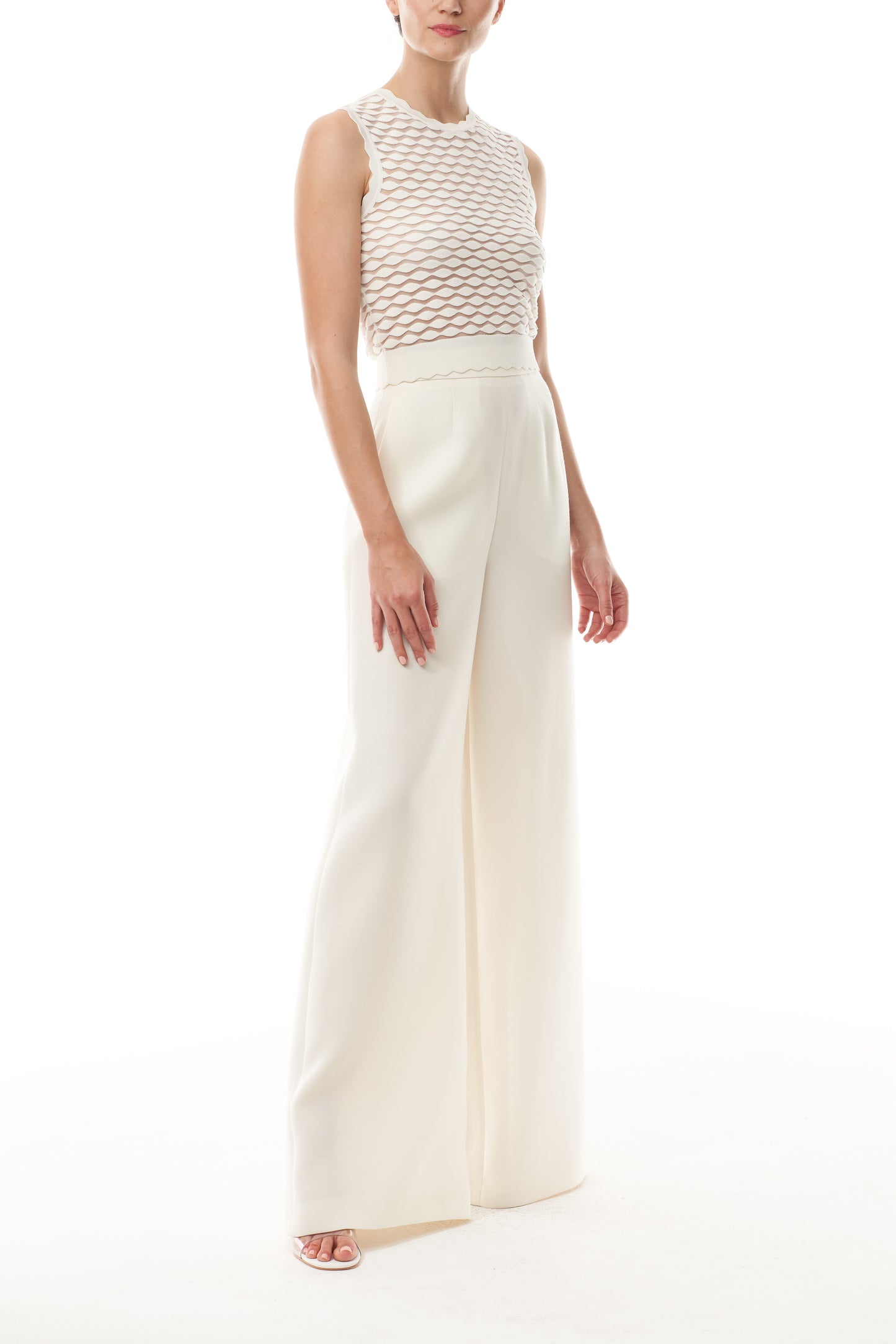 Monique Lhuillier Fall 2025 Ivory Viscose scallop knit sleeveless shell - side.