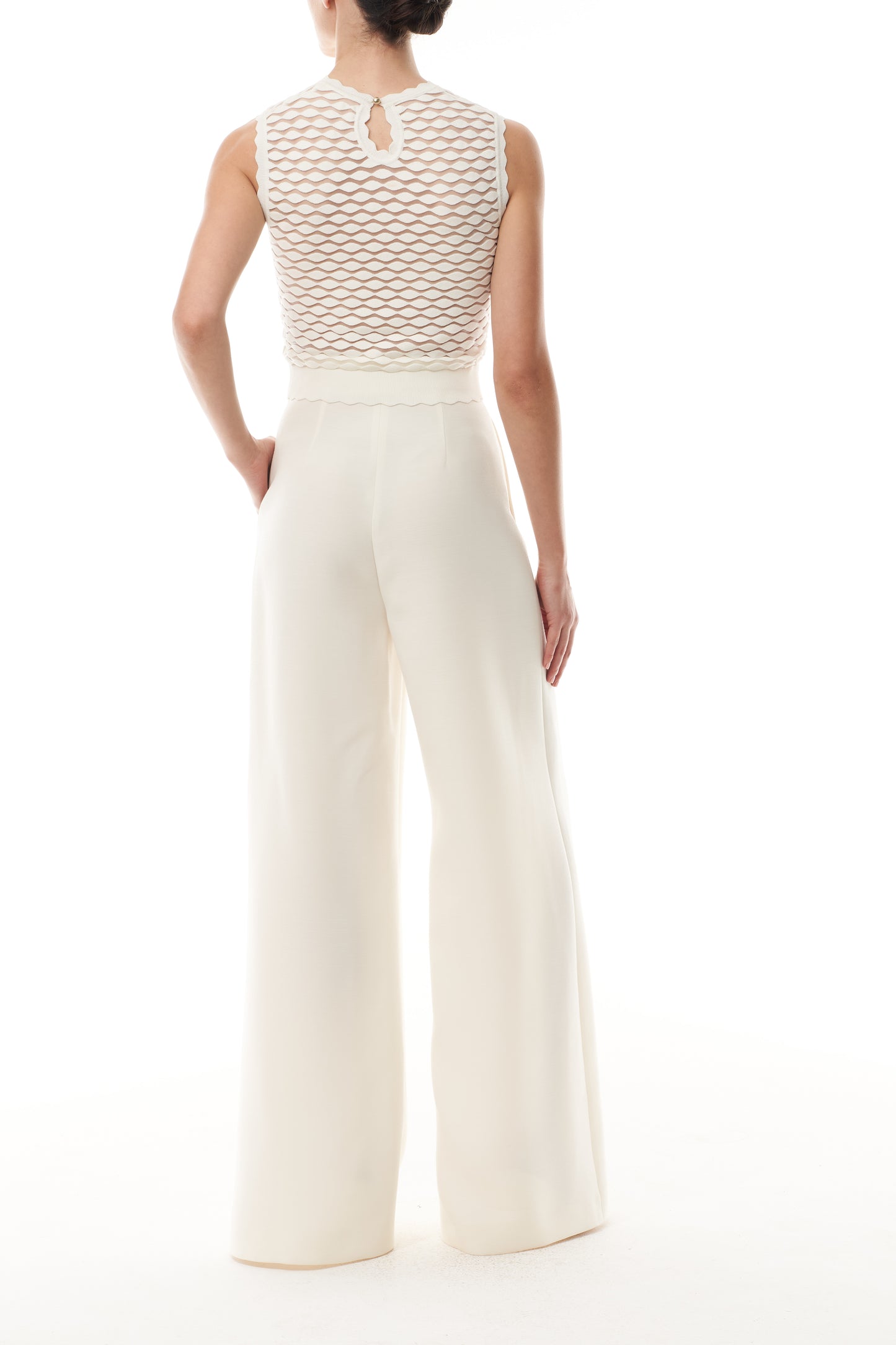 Monique Lhuillier Fall 2025 Ivory Viscose scallop knit sleeveless shell - back.