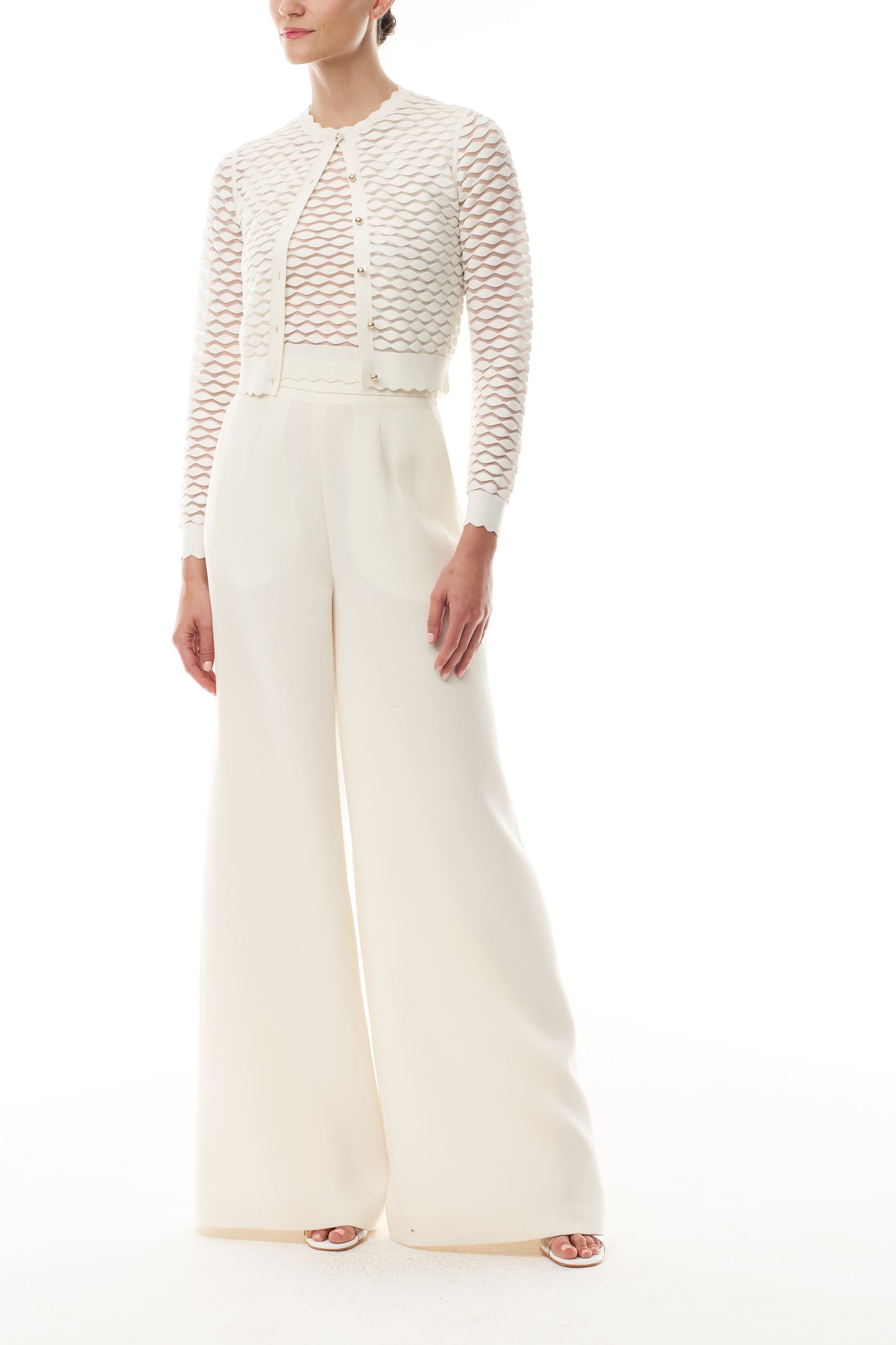 Monique Lhuillier Fall 2025 Ivory Viscose scallop knit cardigan with matching shell - front.
