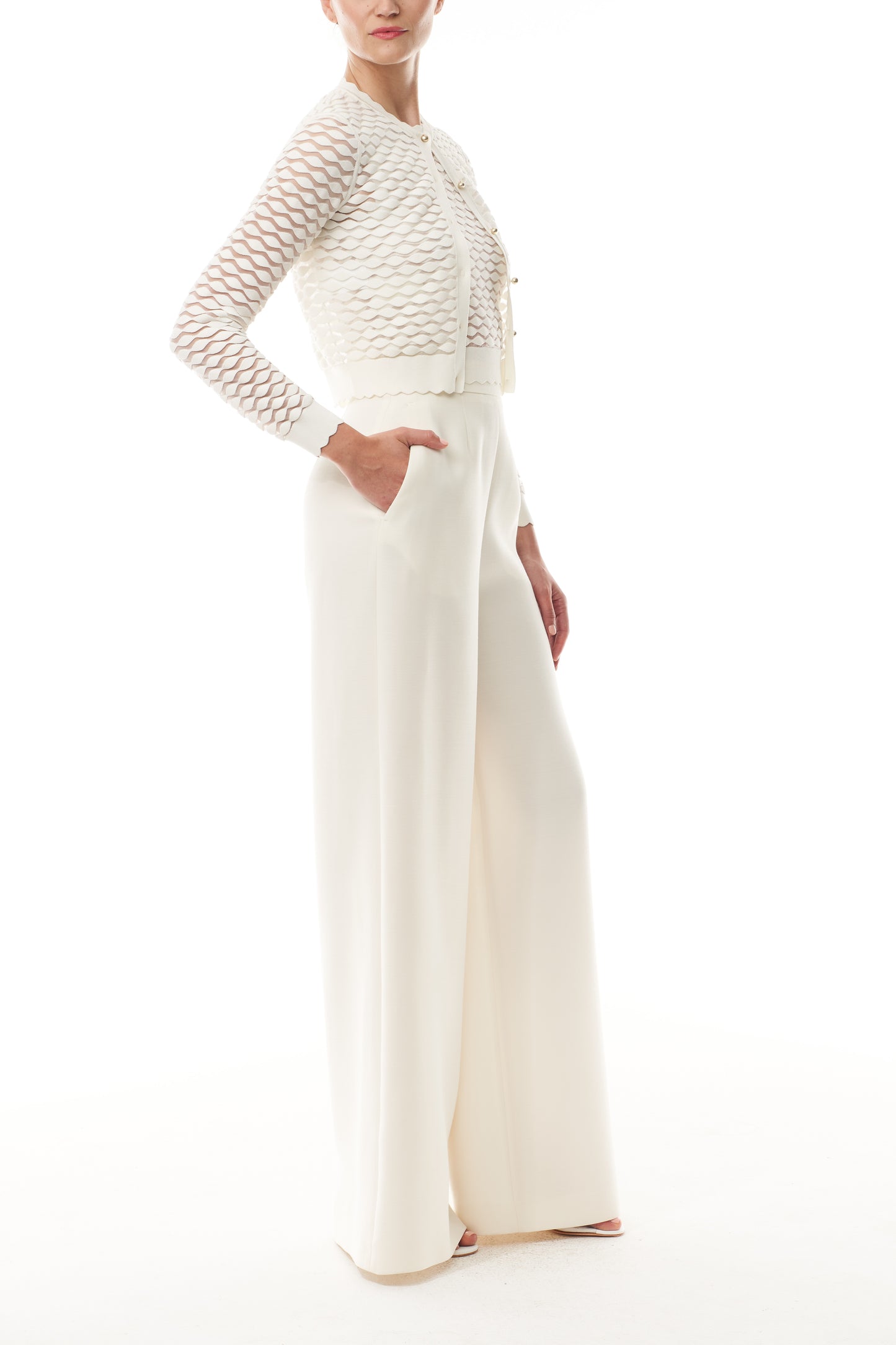 Monique Lhuillier Fall 2025 Ivory Viscose scallop knit cardigan with matching shell - side.