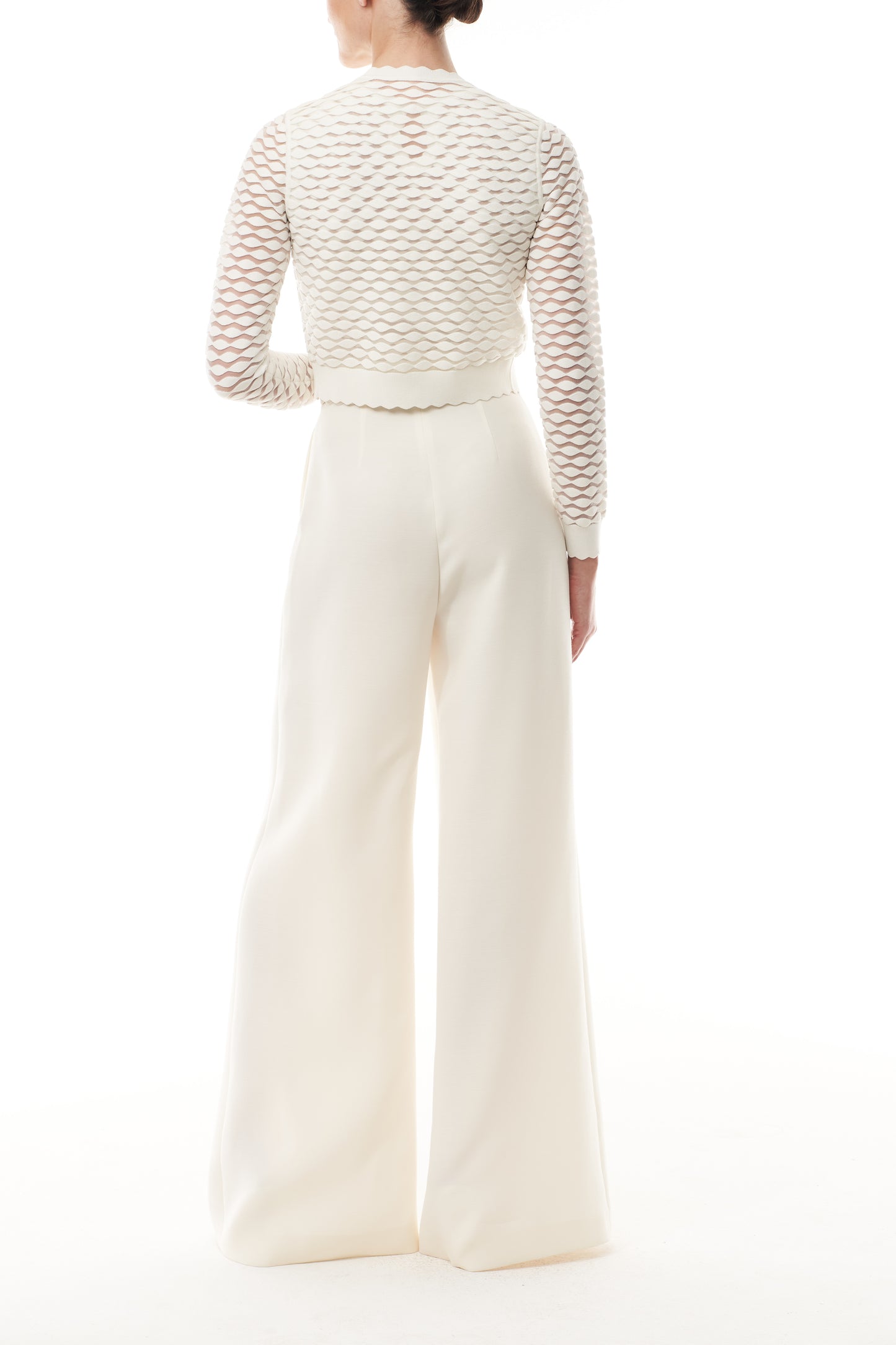 Monique Lhuillier Fall 2025 Ivory Viscose scallop knit cardigan with matching shell - back.