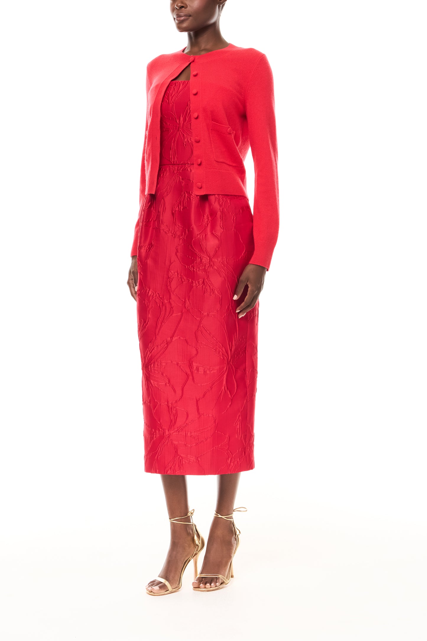 Monique Lhuillier Spring 2026 long sleeve Poppy Cashmere Cardigan with pockets and button front closure- side.
