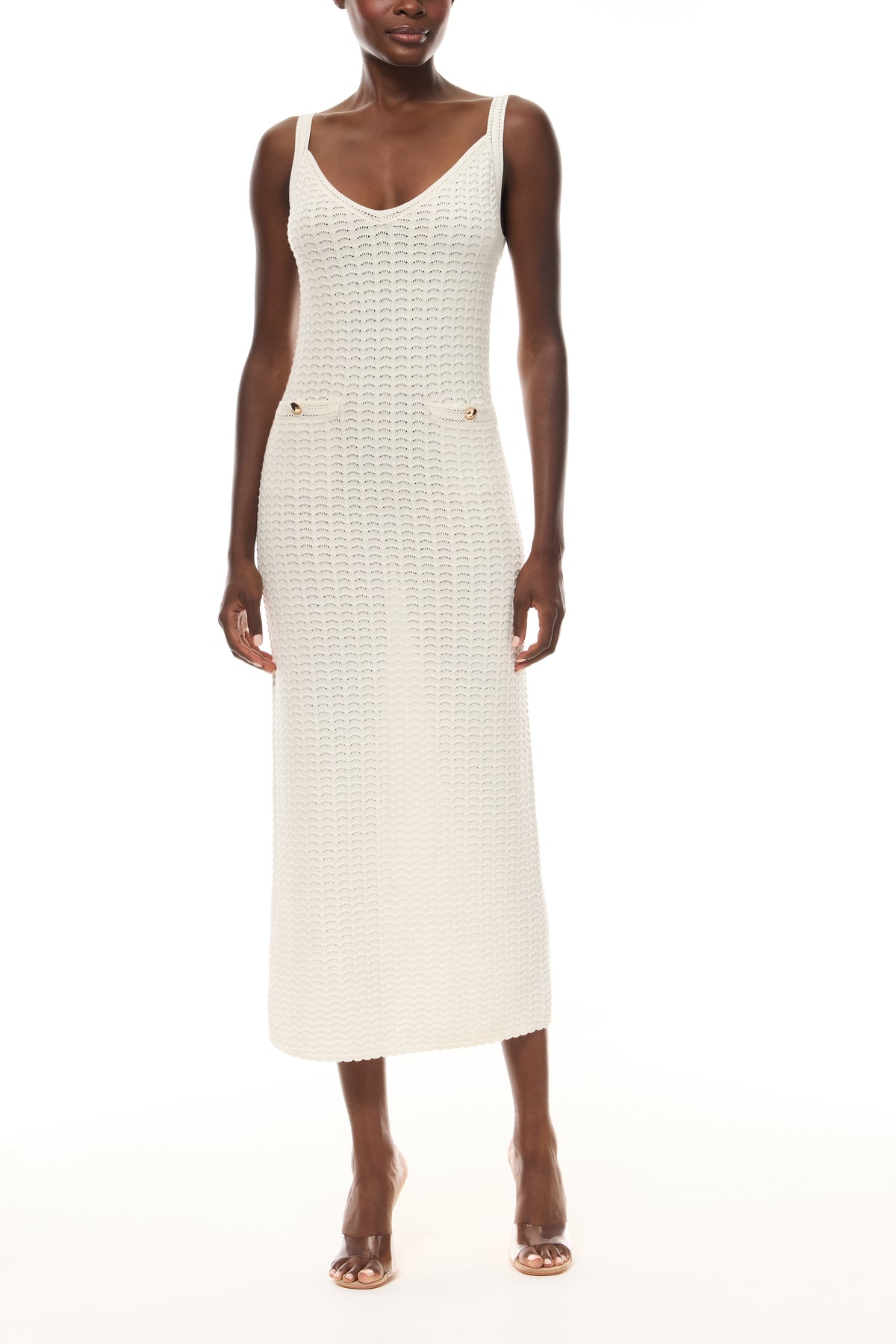 Monique Lhuillier Spring 2026 Ivory Cotton Viscose Knit Lace stitch sleeveless dress with gold buttons - front.