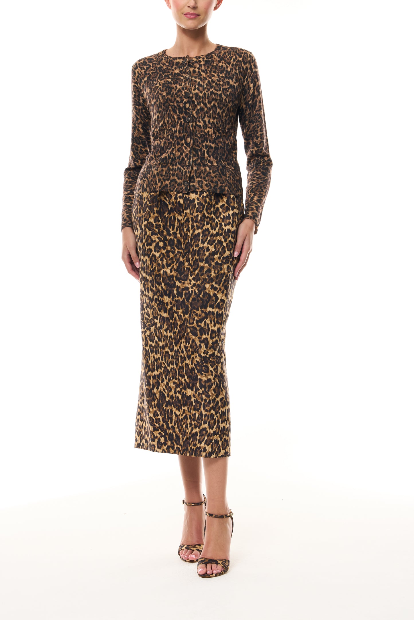 Monique Lhuillier Spring 2026 Leopard Printed Cashmere knit cardigan - front.