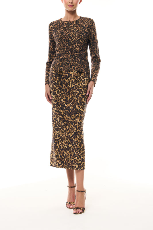 Monique Lhuillier Spring 2026 Leopard Printed Cashmere knit cardigan - front.