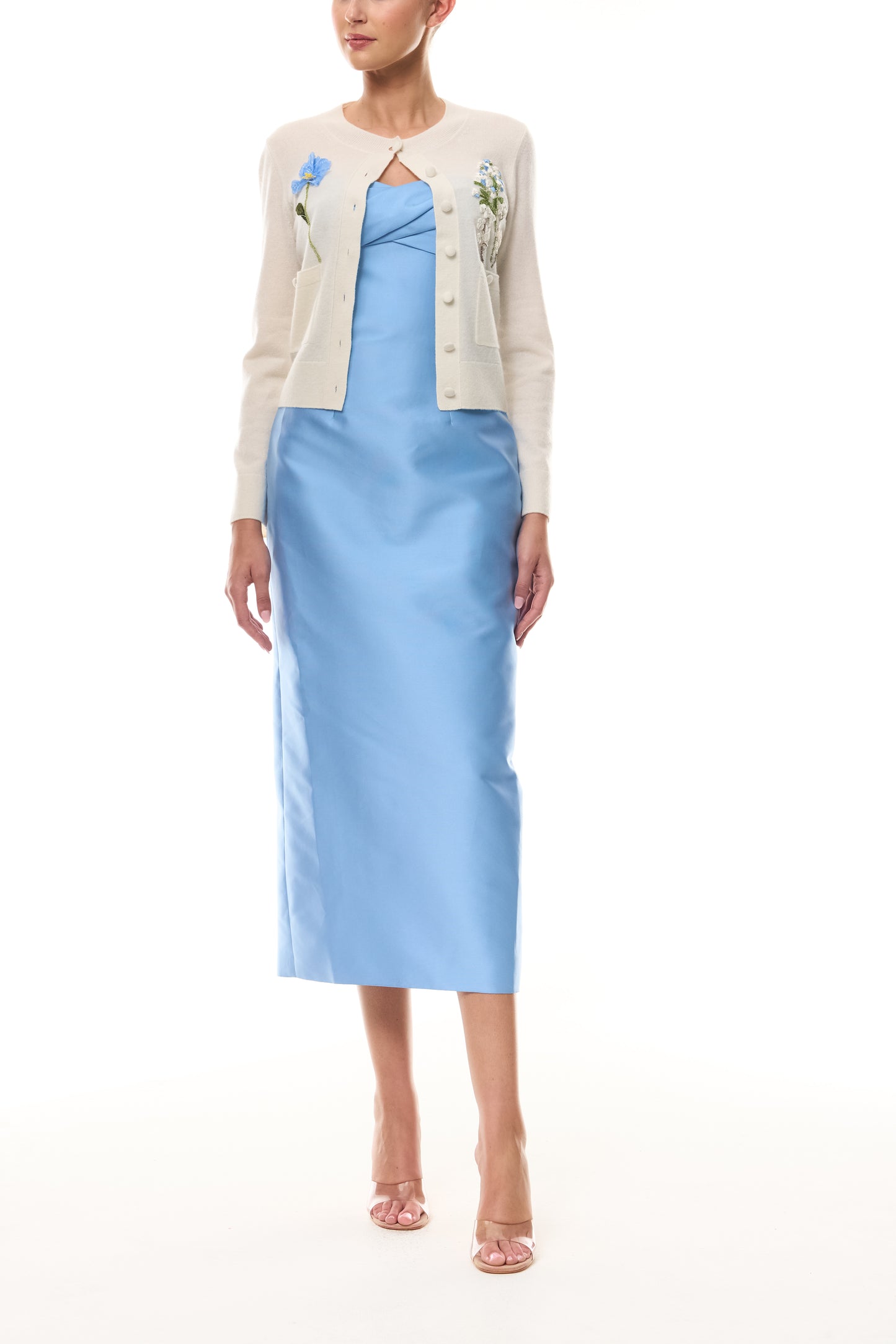 Monique Lhuillier Spring 2026 Ivory Cashmere long sleeve Cardigan with floral embroidery and pockets - front.