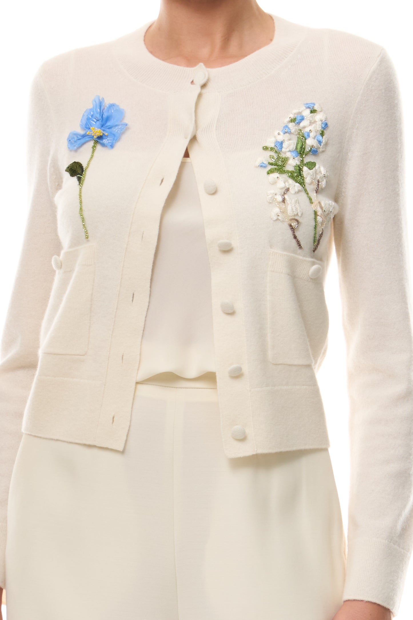 Monique Lhuillier Spring 2026 Ivory Cashmere long sleeve Cardigan with floral embroidery and pockets - fabric.
