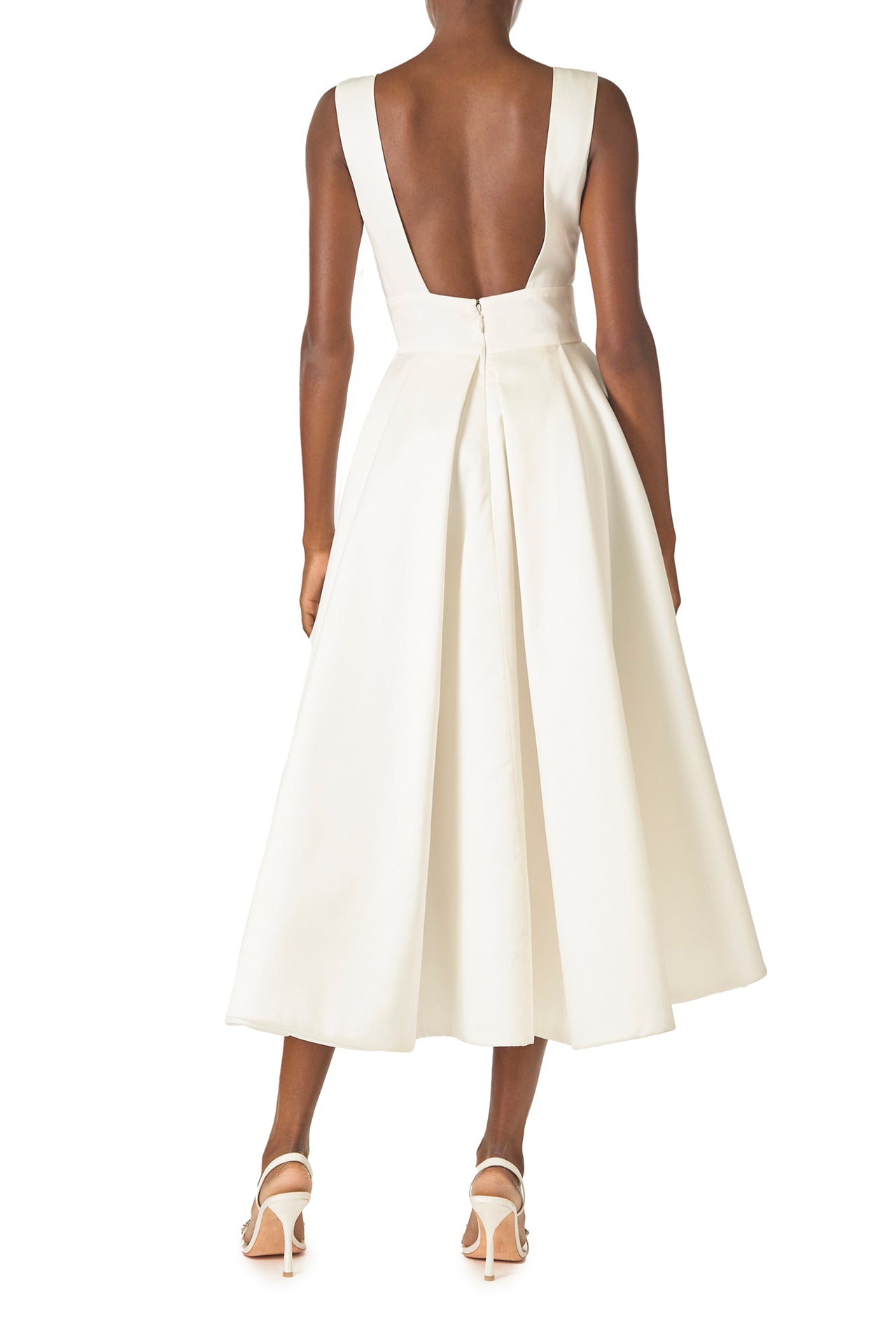 Monique Lhuillier "Kennedy" V-neck cocktail dress in Silk White Mikado fabric with pockets and nude illusion tulle at neckline - back.