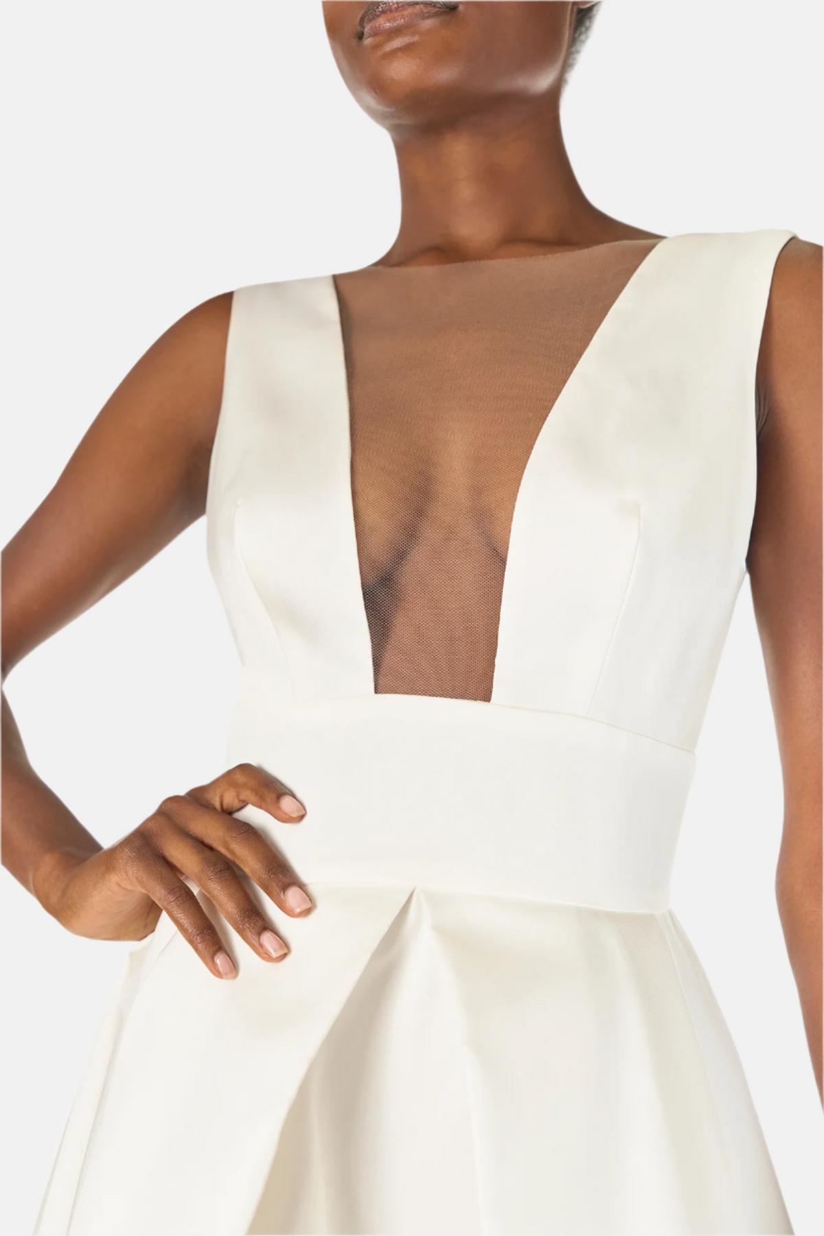 Monique Lhuillier "Kennedy" V-neck cocktail dress in Silk White Mikado fabric with pockets and nude illusion tulle at neckline - neckline.