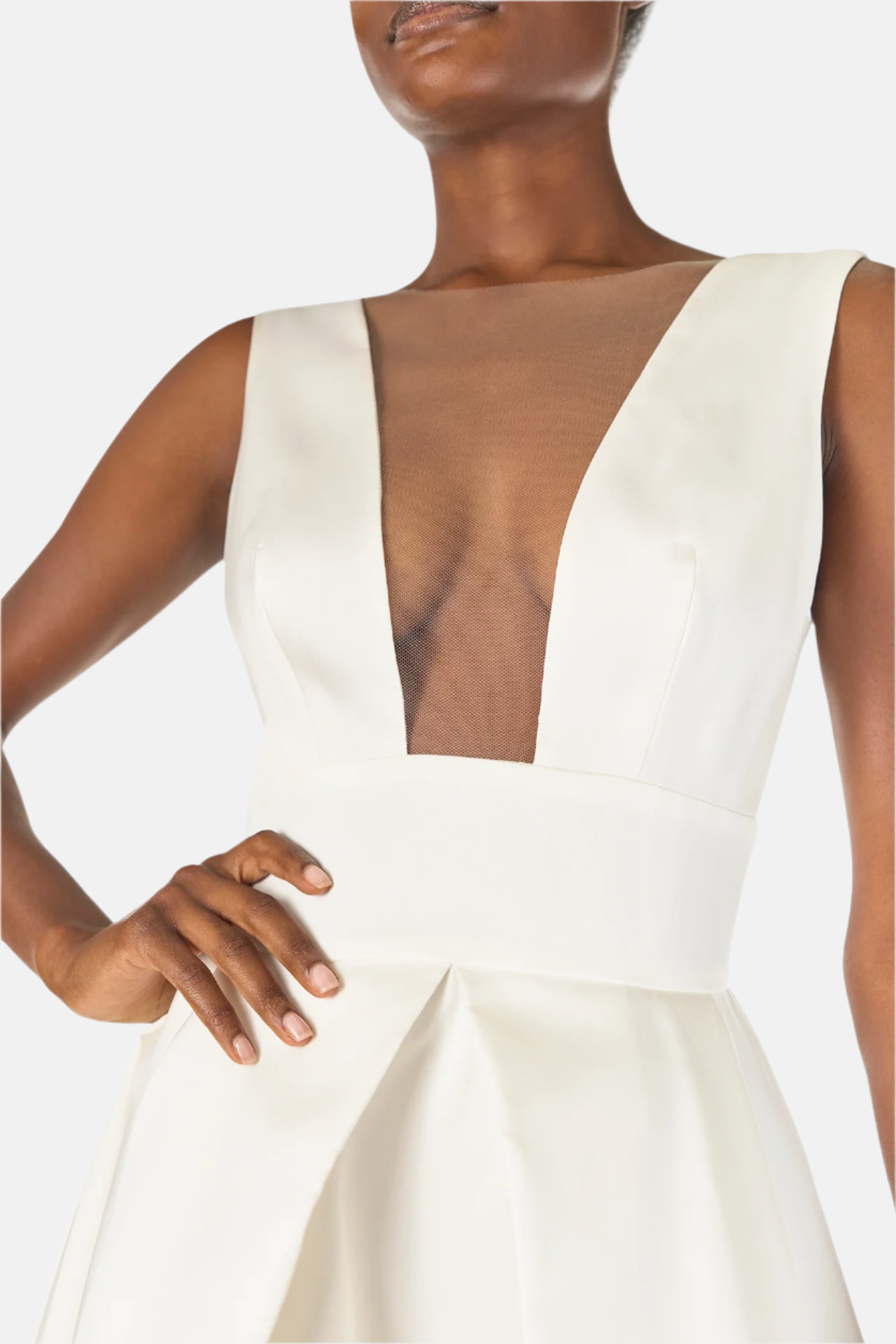 Monique Lhuillier "Kennedy" V-neck cocktail dress in Silk White Mikado fabric with pockets and nude illusion tulle at neckline - neckline.