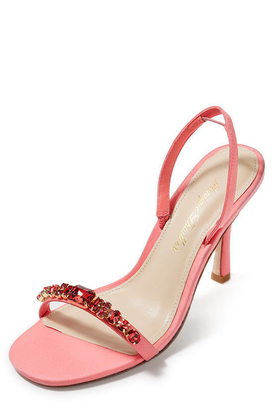 Monique Lhuillier Kirby heel in fuchsia satin with rhinestone toe strap and slingback.