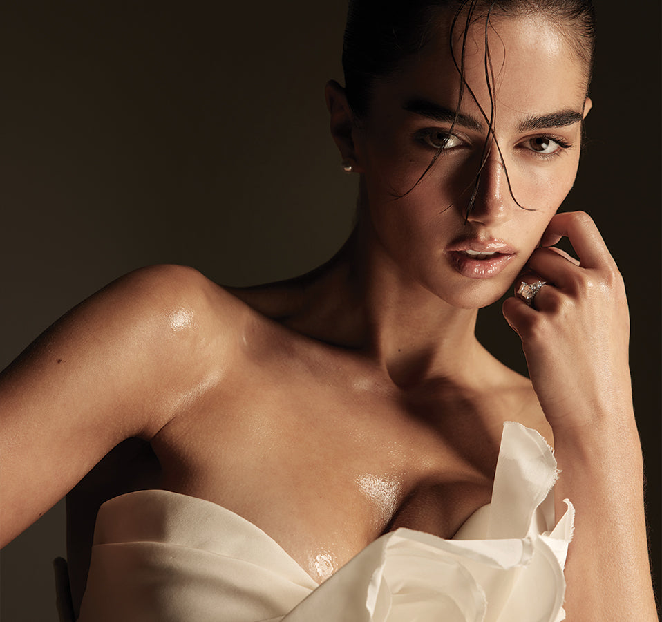 Spring 2026 Bridal dress with Monique Lhuillier Bliss x Kay Jewelers ring on model.