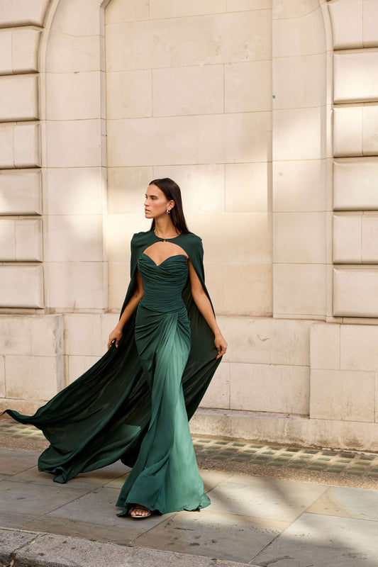 Monique Lhuillier Fall 2026 Sycamore Crepe Jersey strapless draped gown with coordinating cape - lookbook.