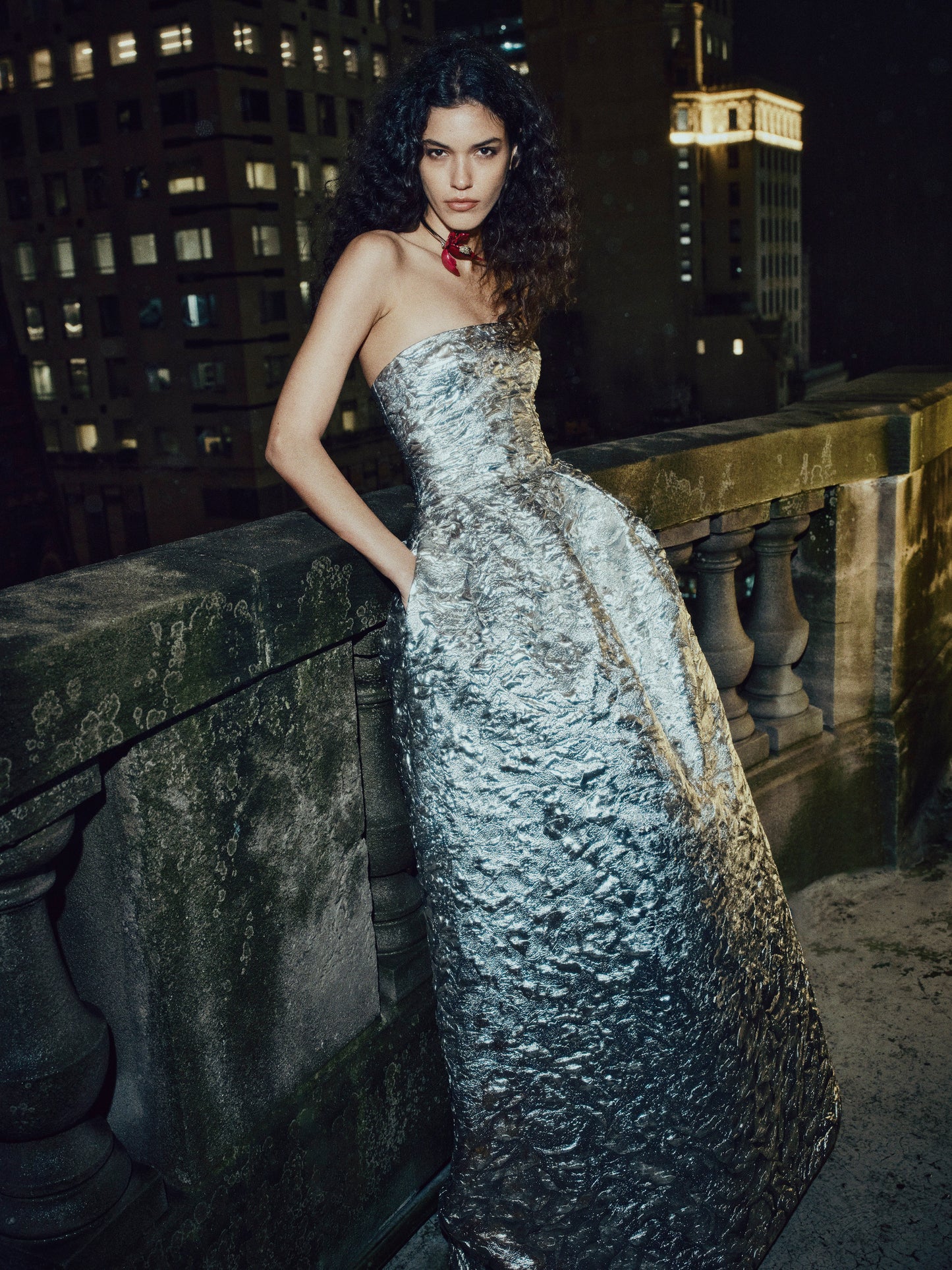Monique Lhuillier Fall 2025 strapless ballgown in silver metallic jacquard - lookbook photo on model.