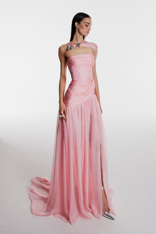 Monique Lhuillier Fall 2026 pink iridescent chiffon strapless asymmetric draped gown with scarf and floral embellishment- lookbook.