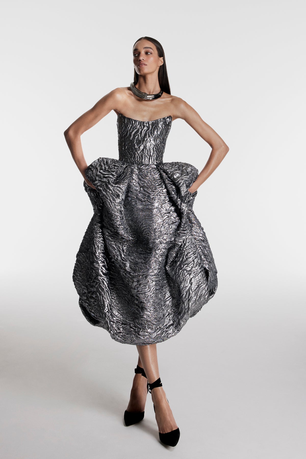 Monique Lhuillier Fall 2026 Chrome Lame Rose Jacquard strapless midi bubble skirt cocktail dress - lookbook.