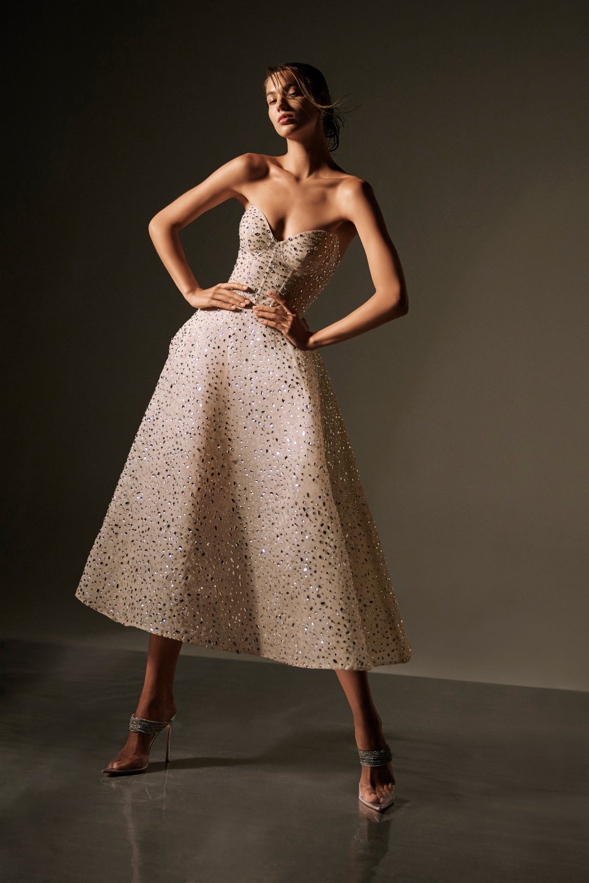 Monique Lhuillier Spring 2026 lookbook image - model wearing nude hot fix organza embroidered sweetheart a-line dress