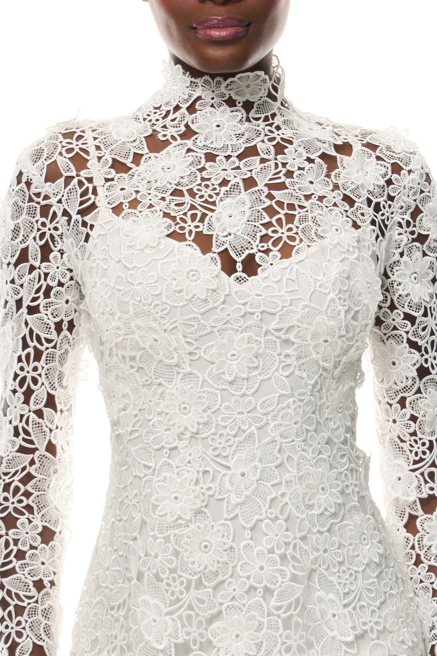 Monique Lhuillier Novi mini dress from The Bridal Edit - Silk White Guipure lace with long sleeves and high-neck - fabric.