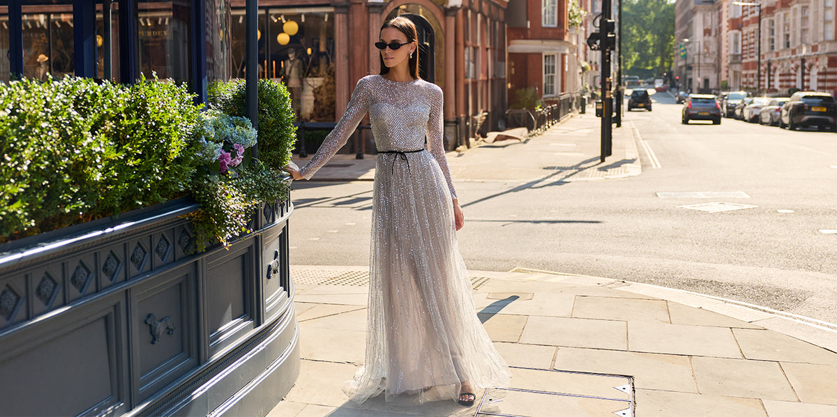 Monique Lhuillier Fall 2026 Silver Smoke long sleeve embroidered tulle gown with Noir velvet belt at waist- lookbook.