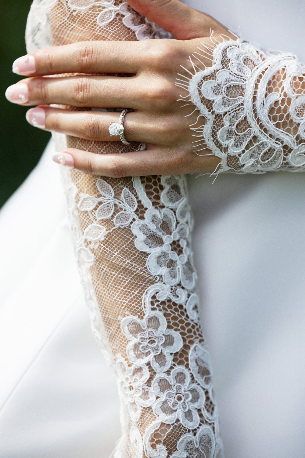 Close up of Sloane lace sleeves on model