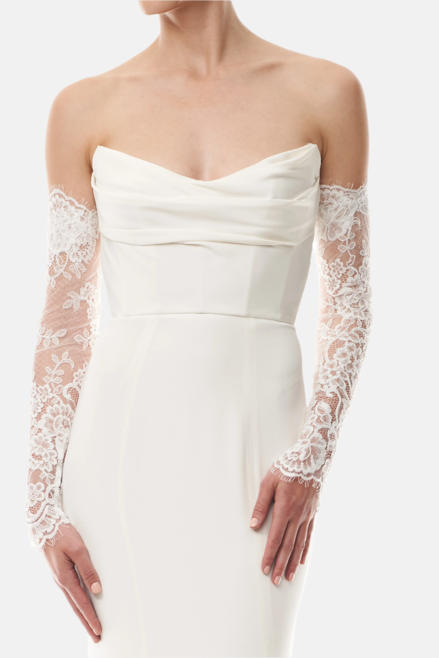 Long sleeve silk white lace sleeves shown with a strapless silk white satin gown - front crop.