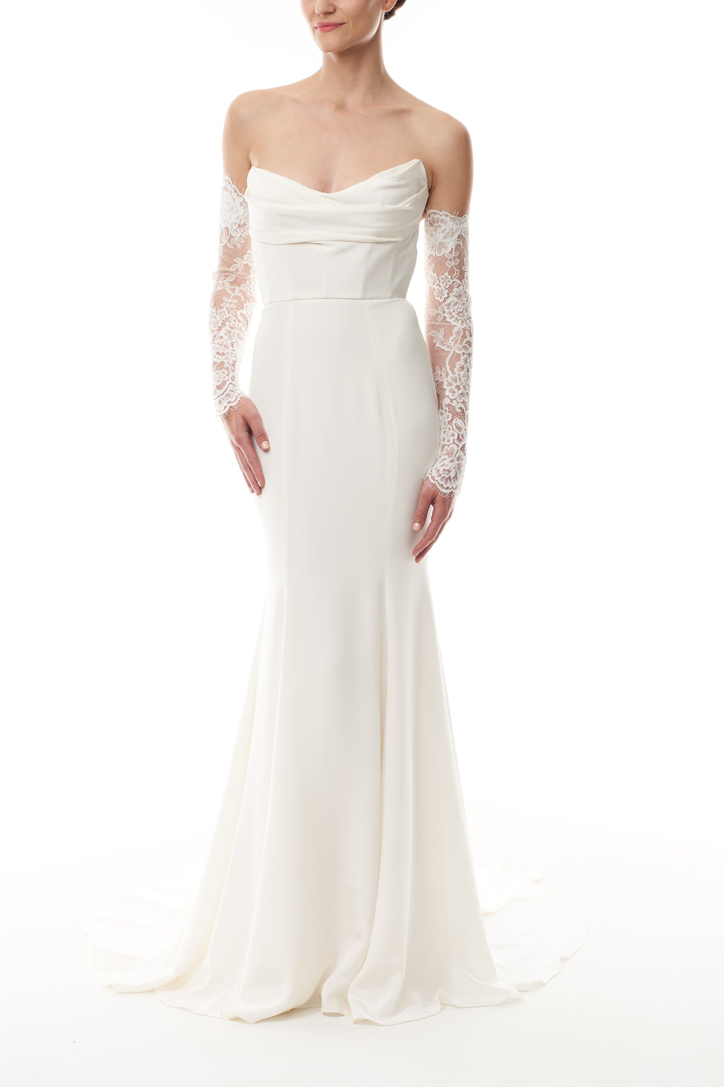 Long sleeve silk white lace sleeves shown with a strapless silk white satin gown - front.