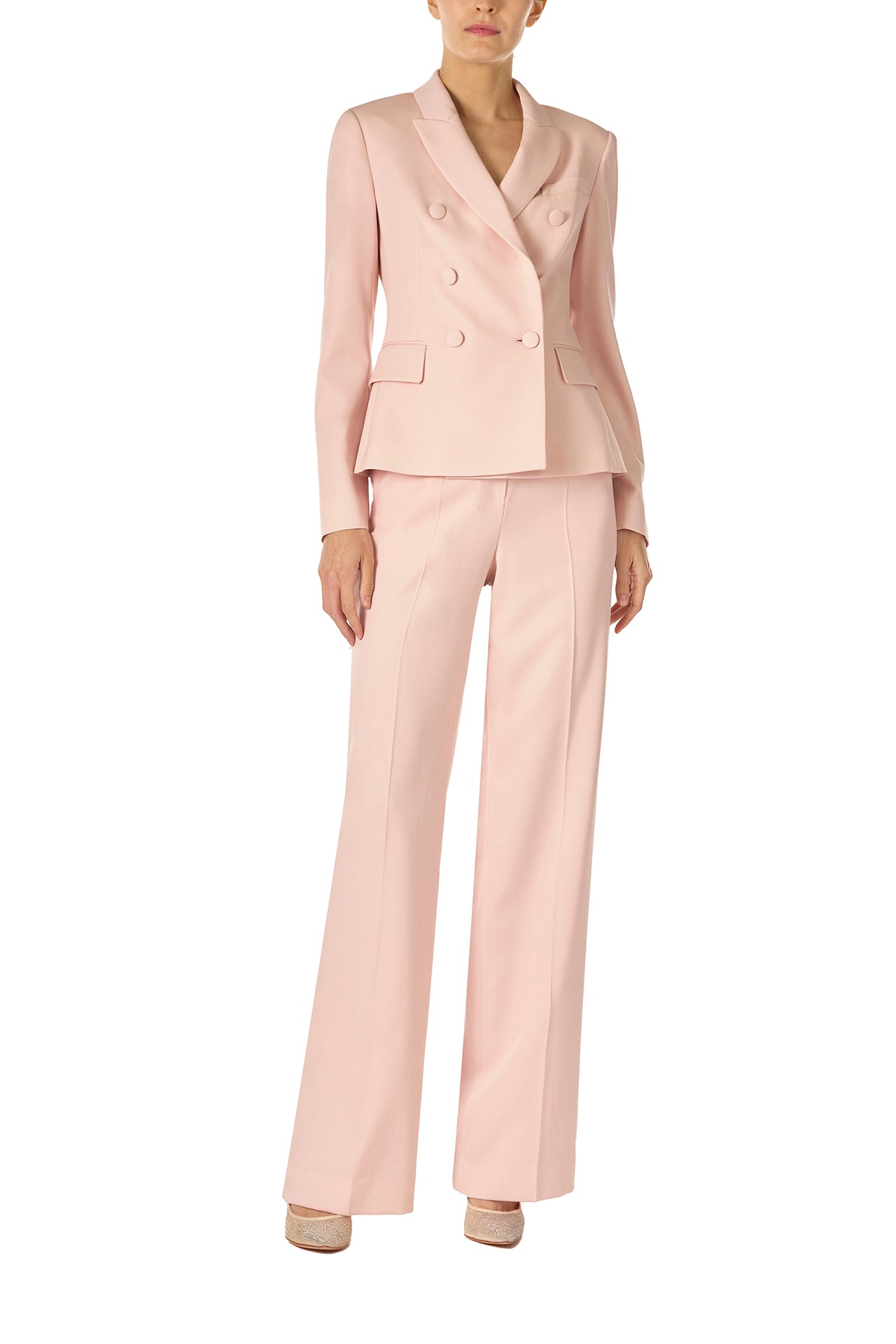 Monique Lhuillier Wool straight leg trouser with pockets in Pale Blush wool - front with blazer.