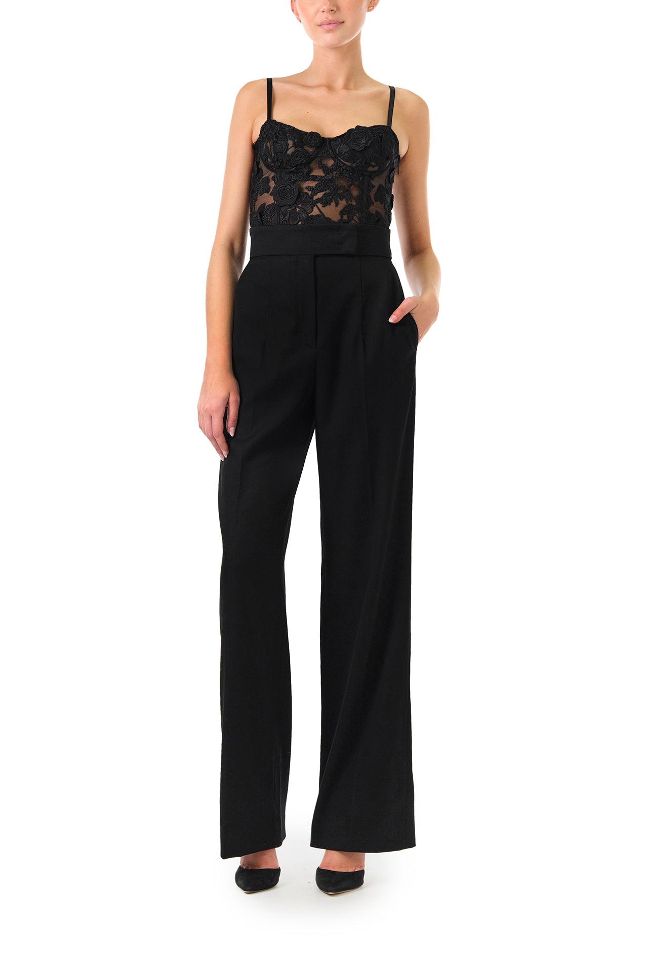Monique Lhuillier Fall 2024 black wool straight leg trouser - front.