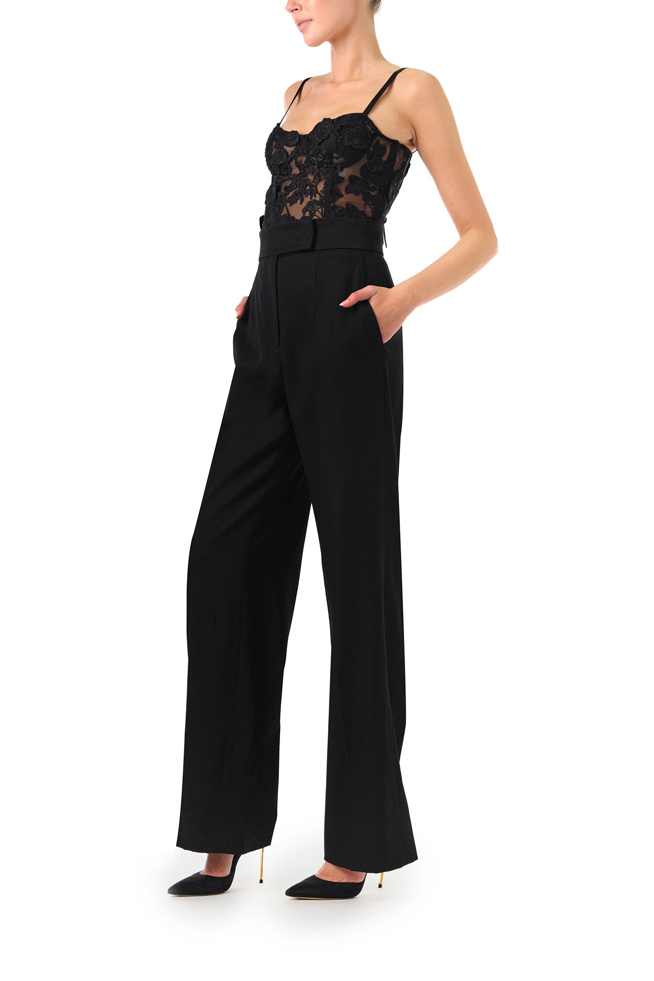 Monique Lhuillier Fall 2024 black wool straight leg trouser - side.