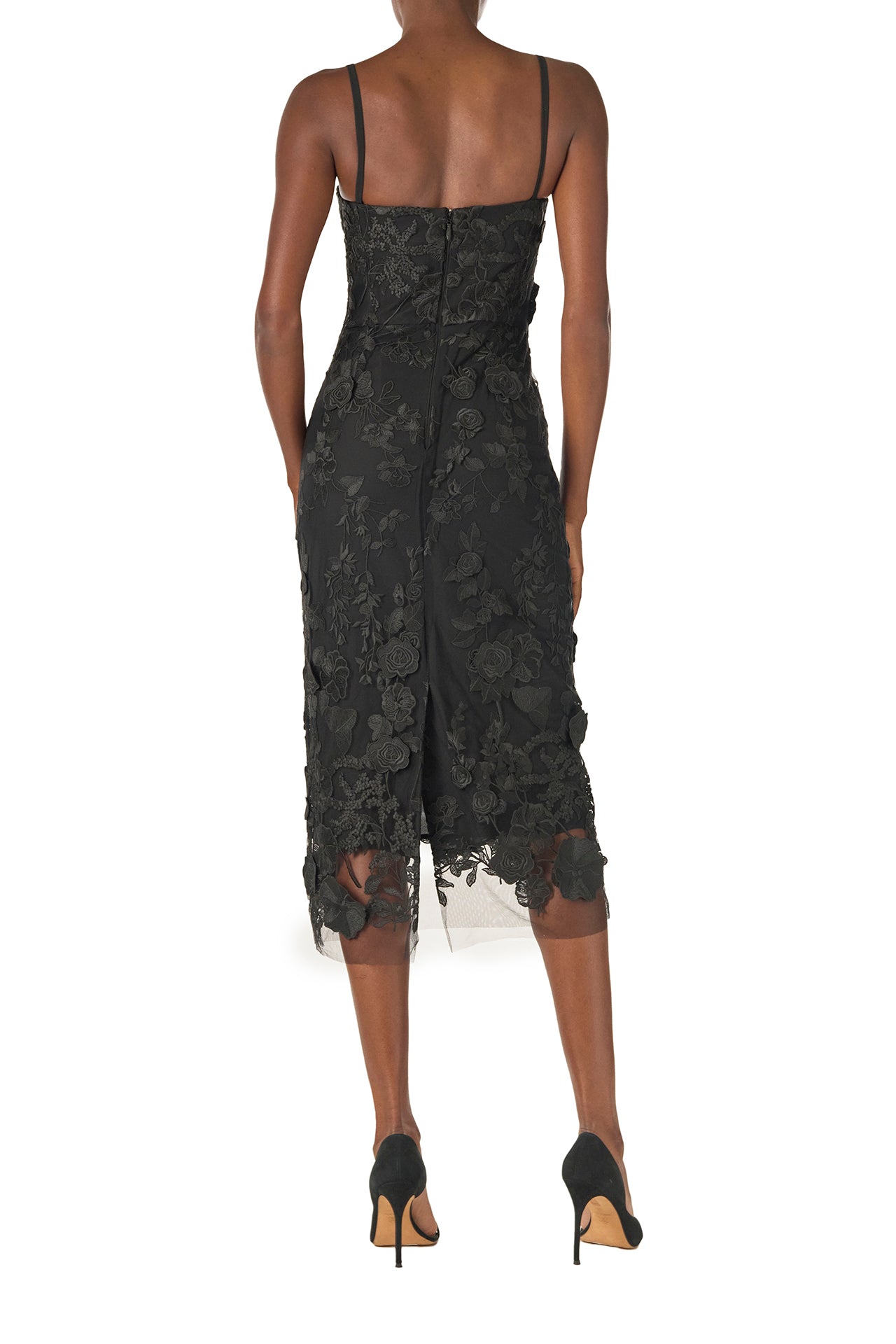 Monique Lhuillier Fall 2024 Spaghetti strap lace midi dress with corseted bodice in Noir 3D lace - back.
