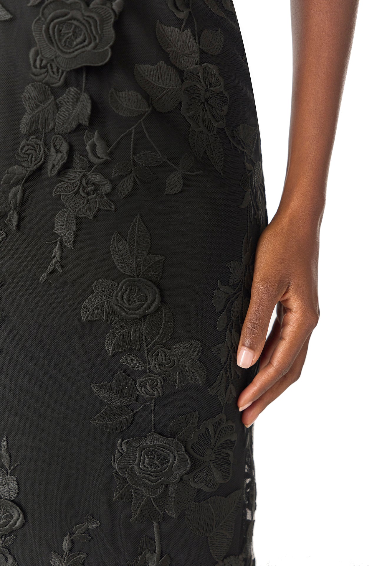 Monique Lhuillier Fall 2024 Spaghetti strap lace midi dress with corseted bodice in Noir 3D lace - fabric.