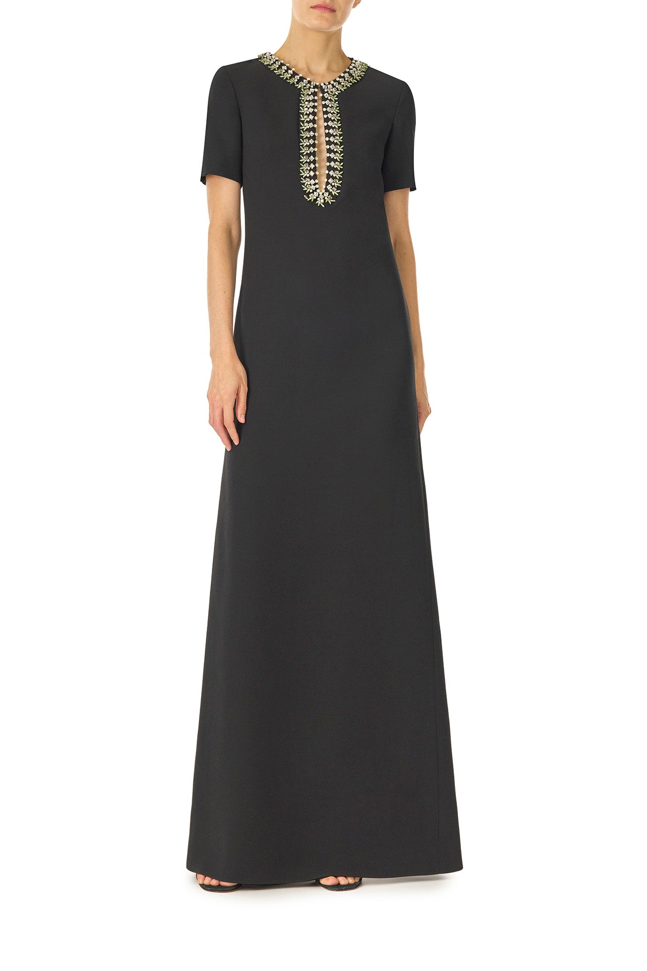 Monique Lhuillier Spring 2025 Short sleeve caftan with jeweled neckline in Noir Wool/Silk Suiting - front.