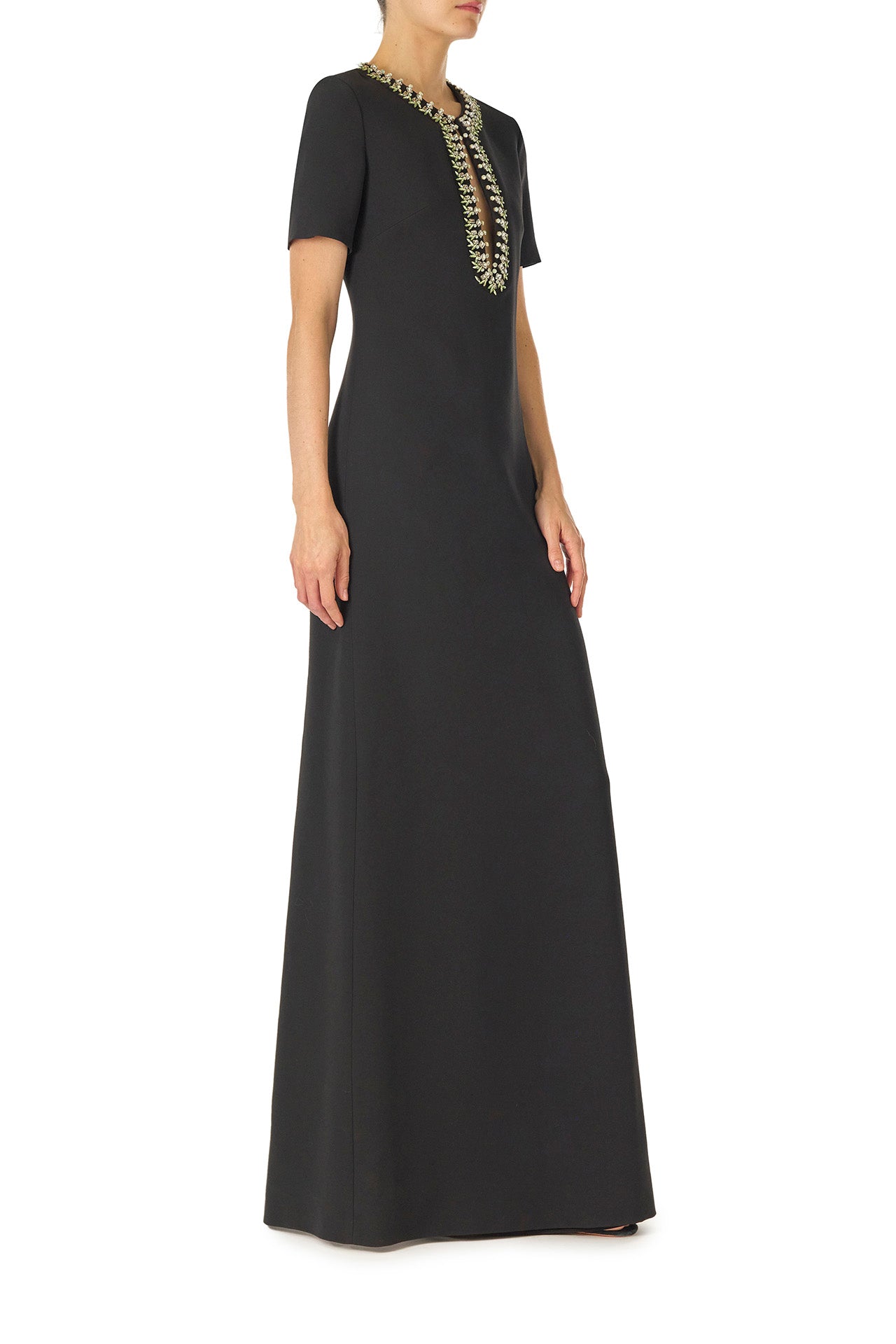 Monique Lhuillier Spring 2025 Short sleeve caftan with jeweled neckline in Noir Wool/Silk Suiting - side.