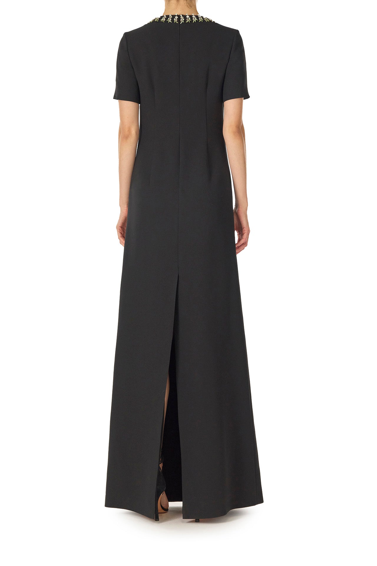 Monique Lhuillier Spring 2025 Short sleeve caftan with jeweled neckline in Noir Wool/Silk Suiting - back.