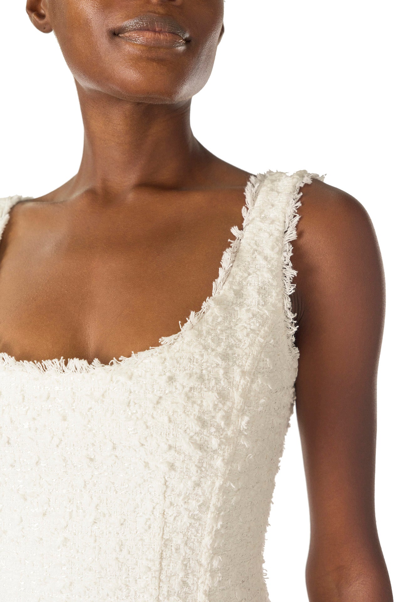 Monique Lhuillier Spring 2025 Scoop neck dress with short, sculpted skirt in Silk White Cotton Tweed - fabric detail one.