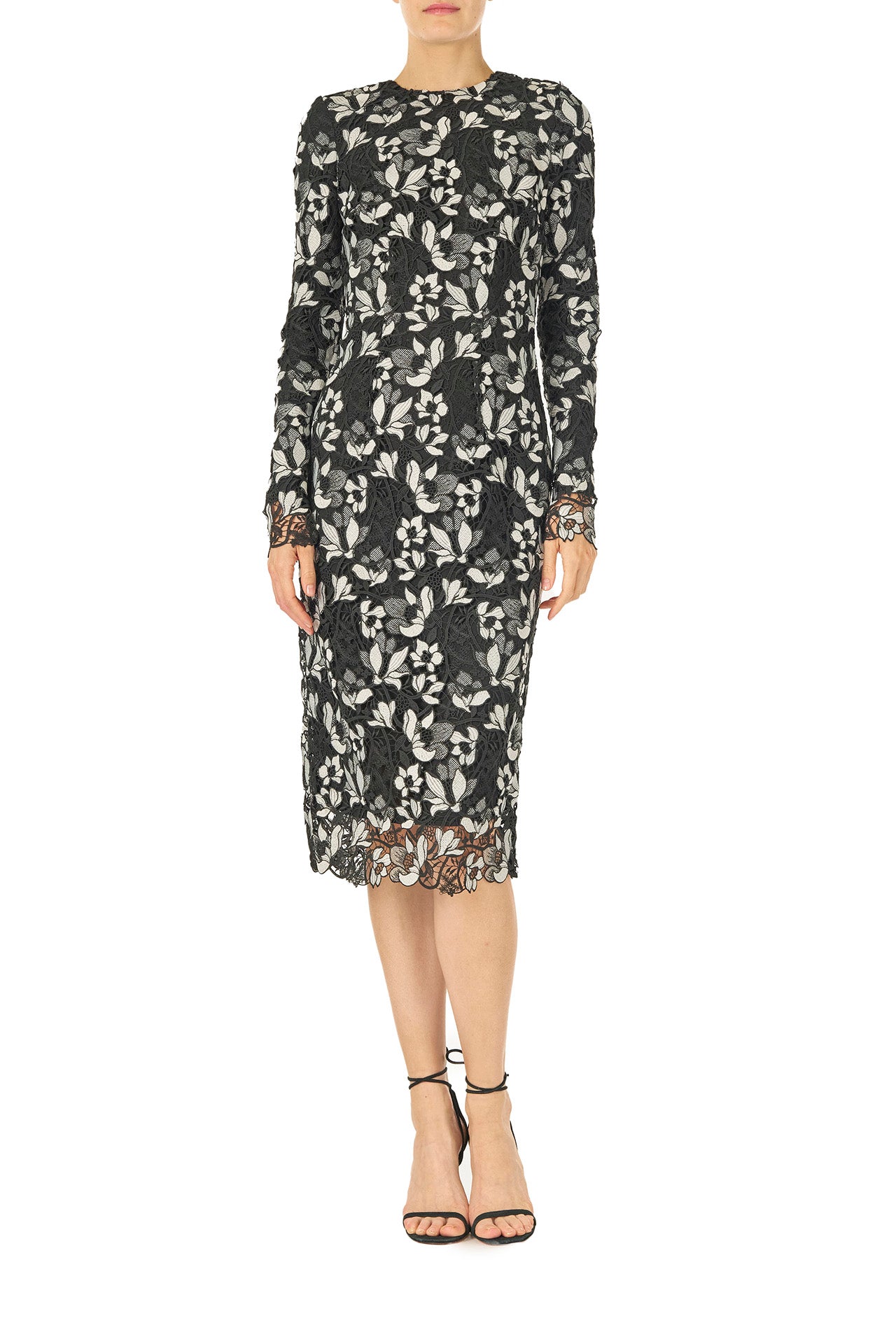 Monique Lhuillier Spring 2025 long sleeve sheath dress in noir silk white floral lace - front.