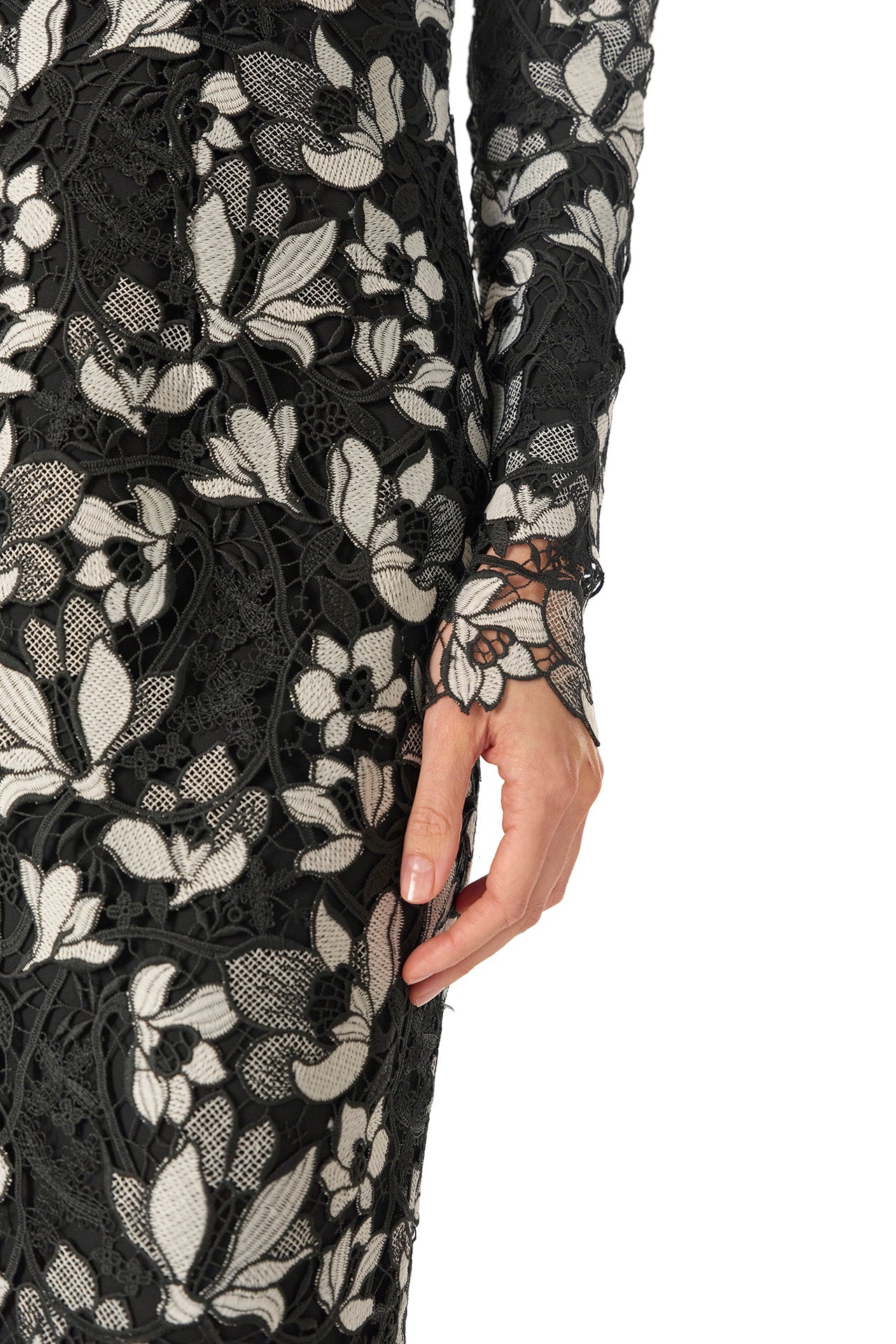 Monique Lhuillier Spring 2025 long sleeve sheath dress in noir silk white floral lace - lace scallop detail.
