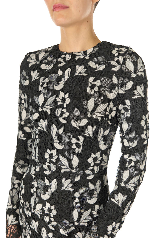 Monique Lhuillier Spring 2025 long sleeve sheath dress in noir silk white floral lace - fabric.
