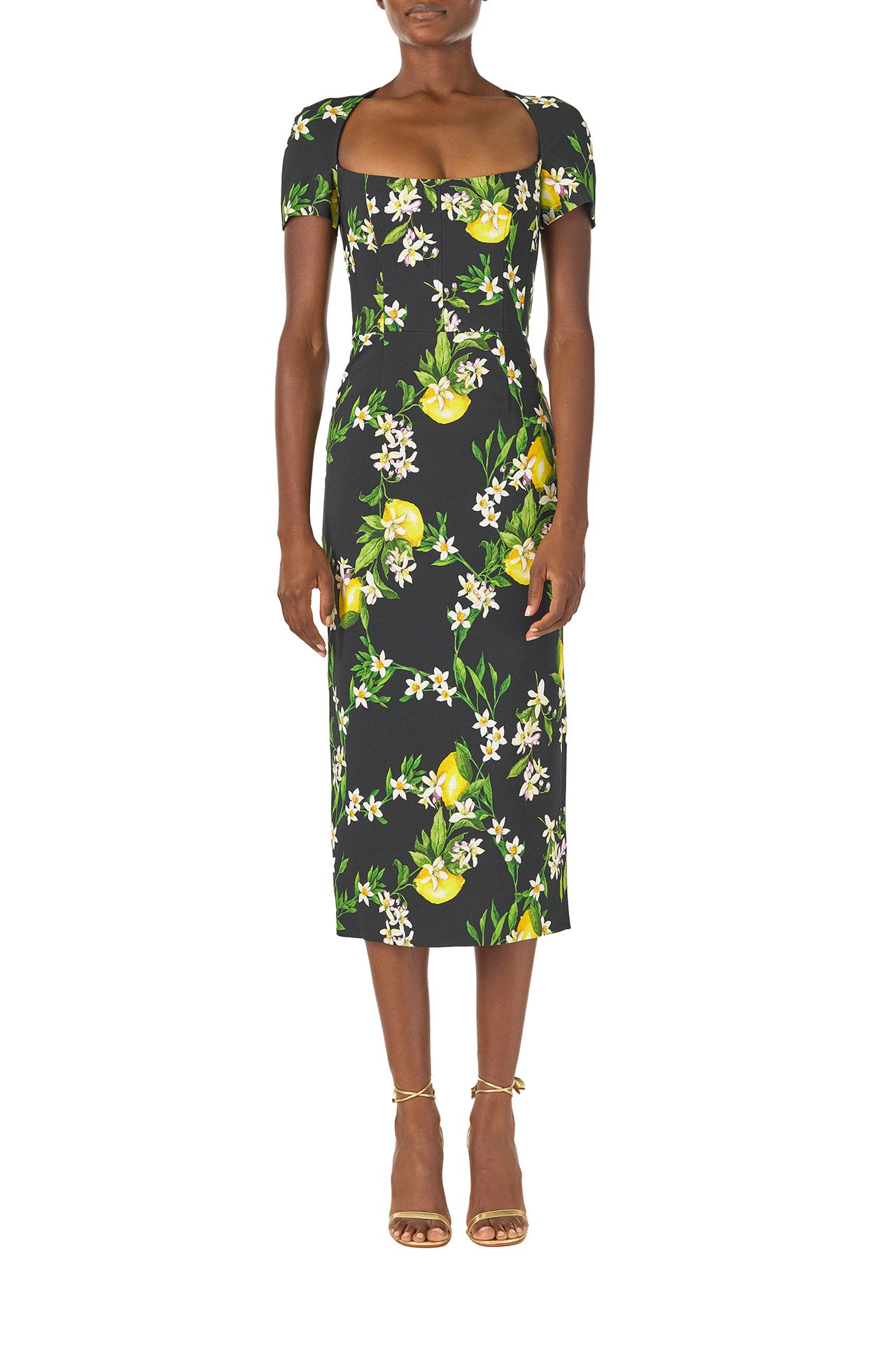 Monique Lhuillier Spring 2025 Short sleeve, corseted sheath dress in Noir and Lemon printed crepe - front.