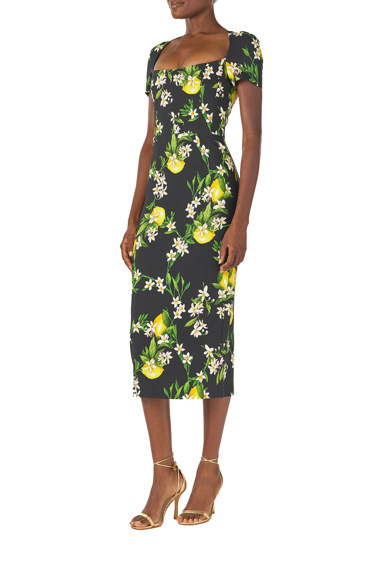 Monique Lhuillier Spring 2025 Short sleeve, corseted sheath dress in Noir and Lemon printed crepe - left side.
