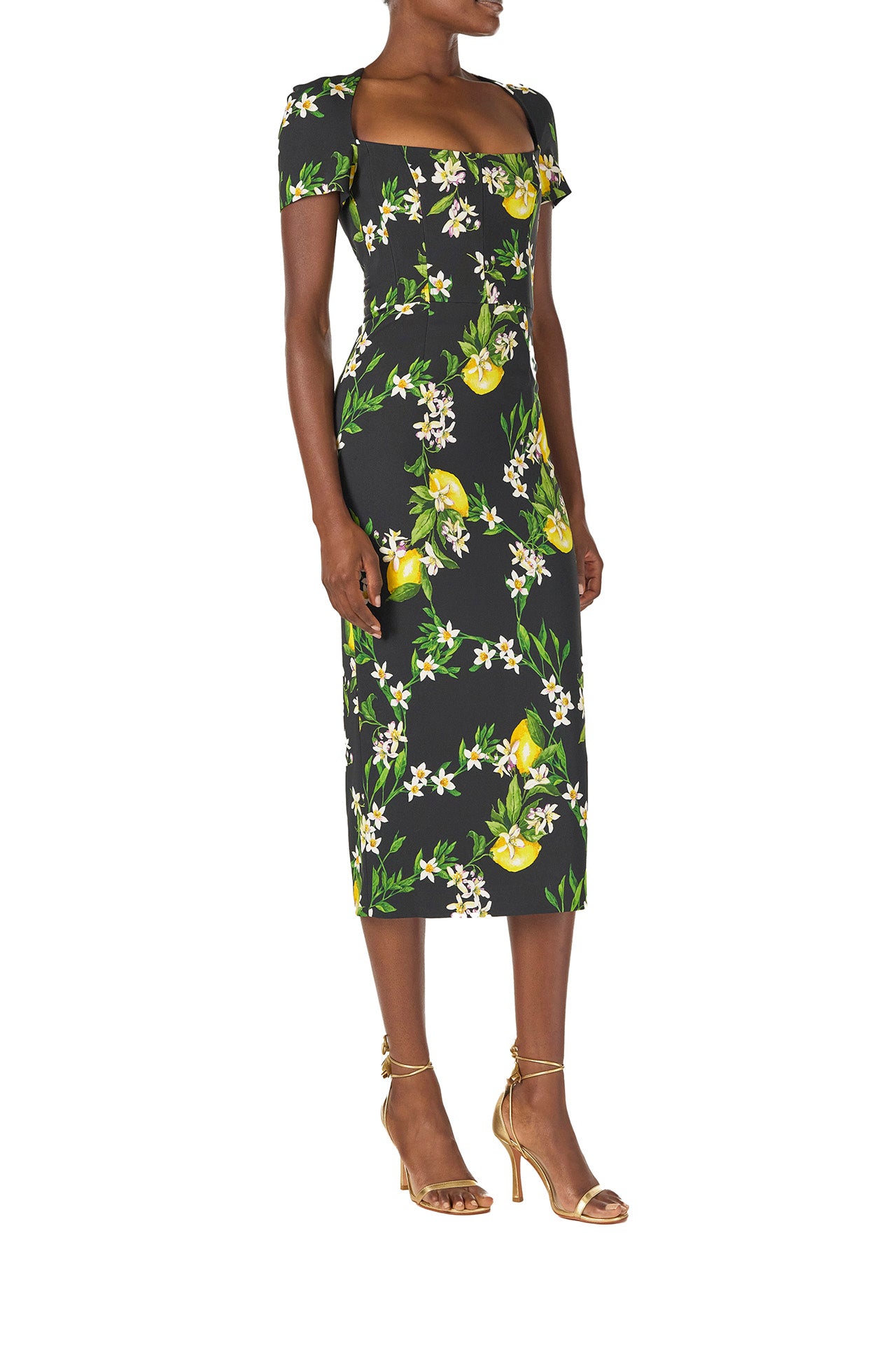 Monique Lhuillier Spring 2025 Short sleeve, corseted sheath dress in Noir and Lemon printed crepe - right side.