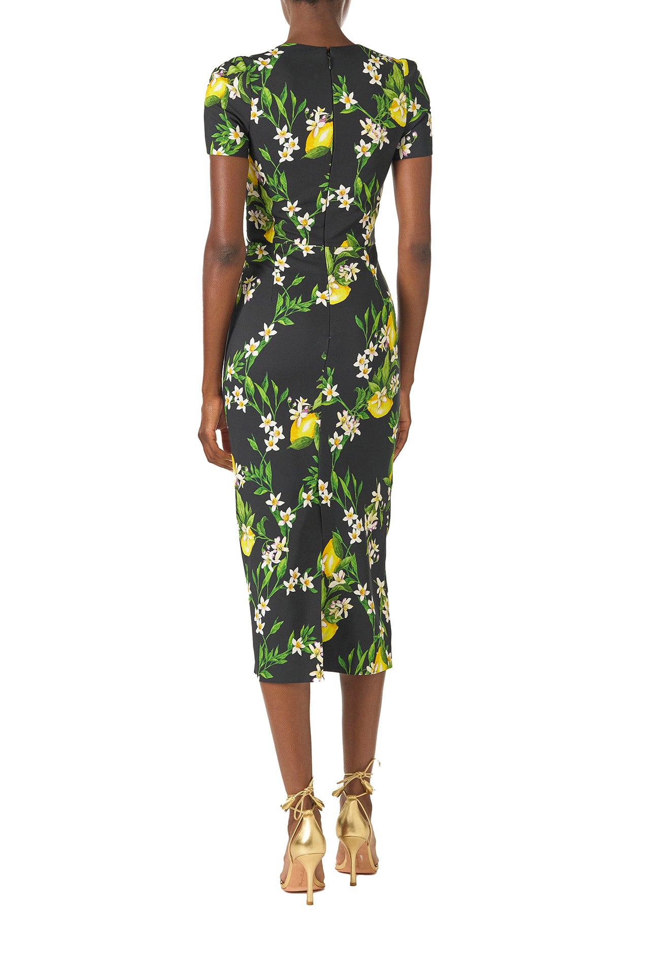 Monique Lhuillier Spring 2025 Short sleeve, corseted sheath dress in Noir and Lemon printed crepe - back.