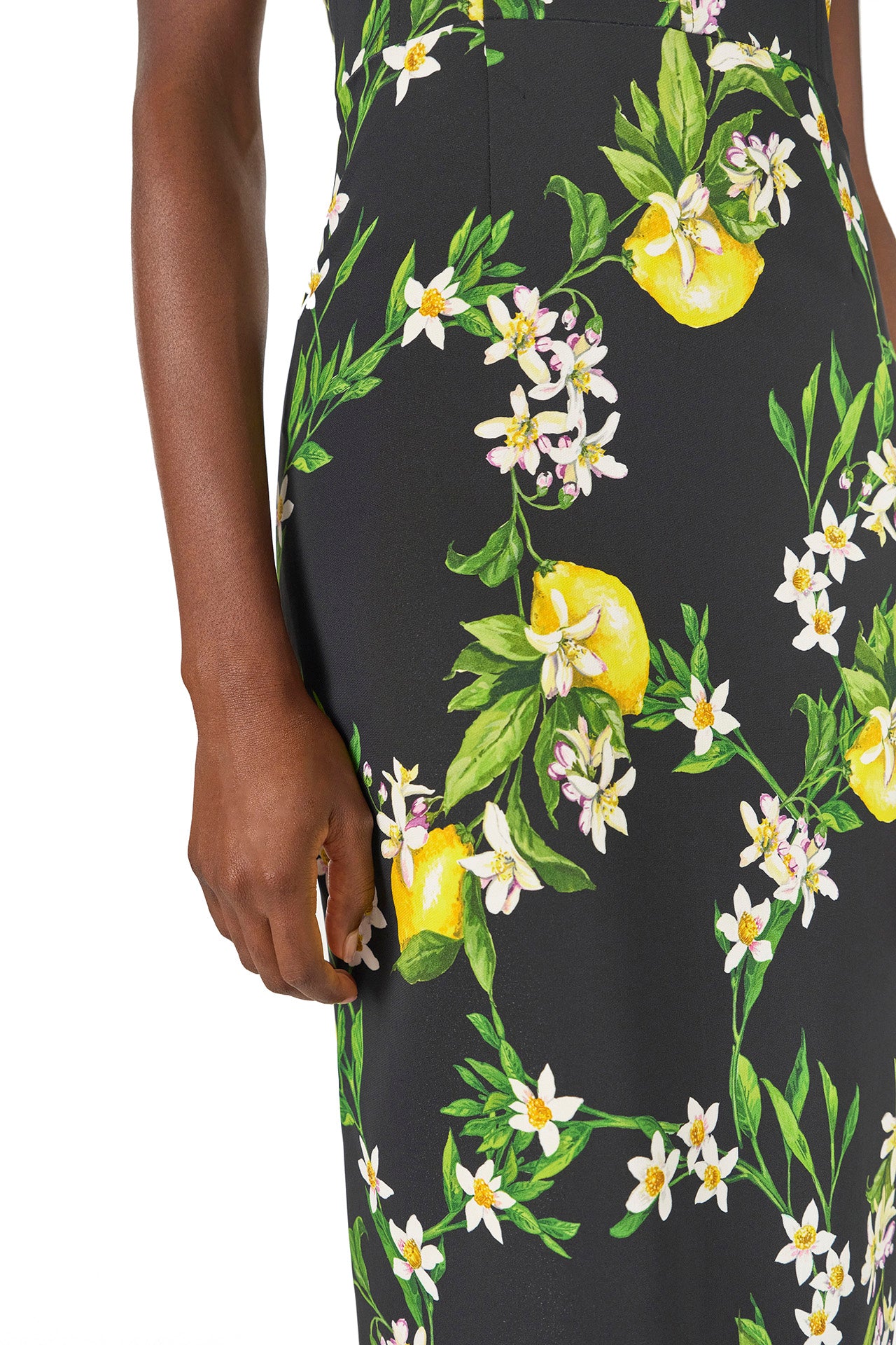Monique Lhuillier Spring 2025 Short sleeve, corseted sheath dress in Noir and Lemon printed crepe - fabric.