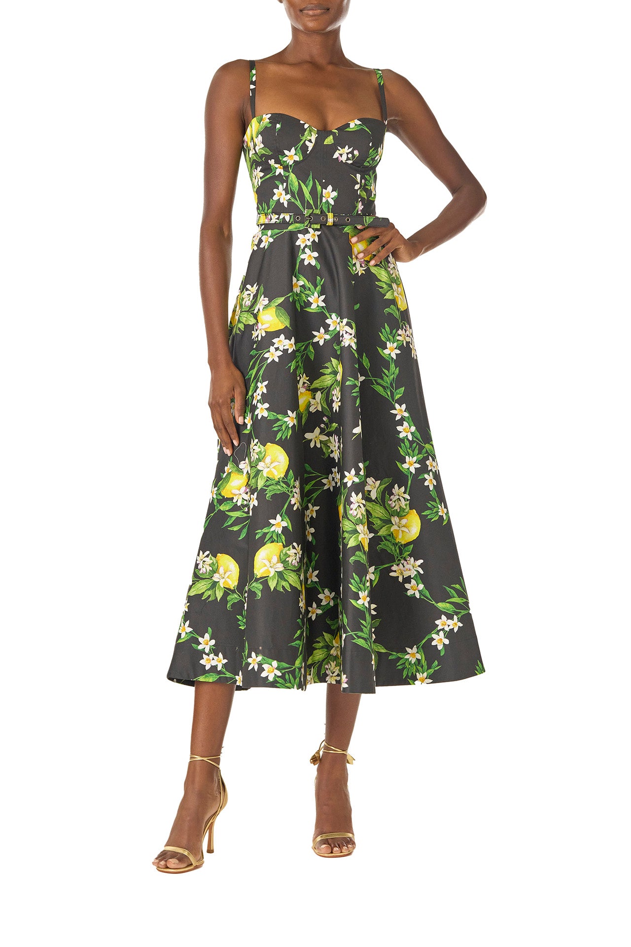 Monique Lhuillier Spring 2025 A-line midi dress with spaghetti straps, corseted bodice and pockets in Lemon printed cotton poplin - front.