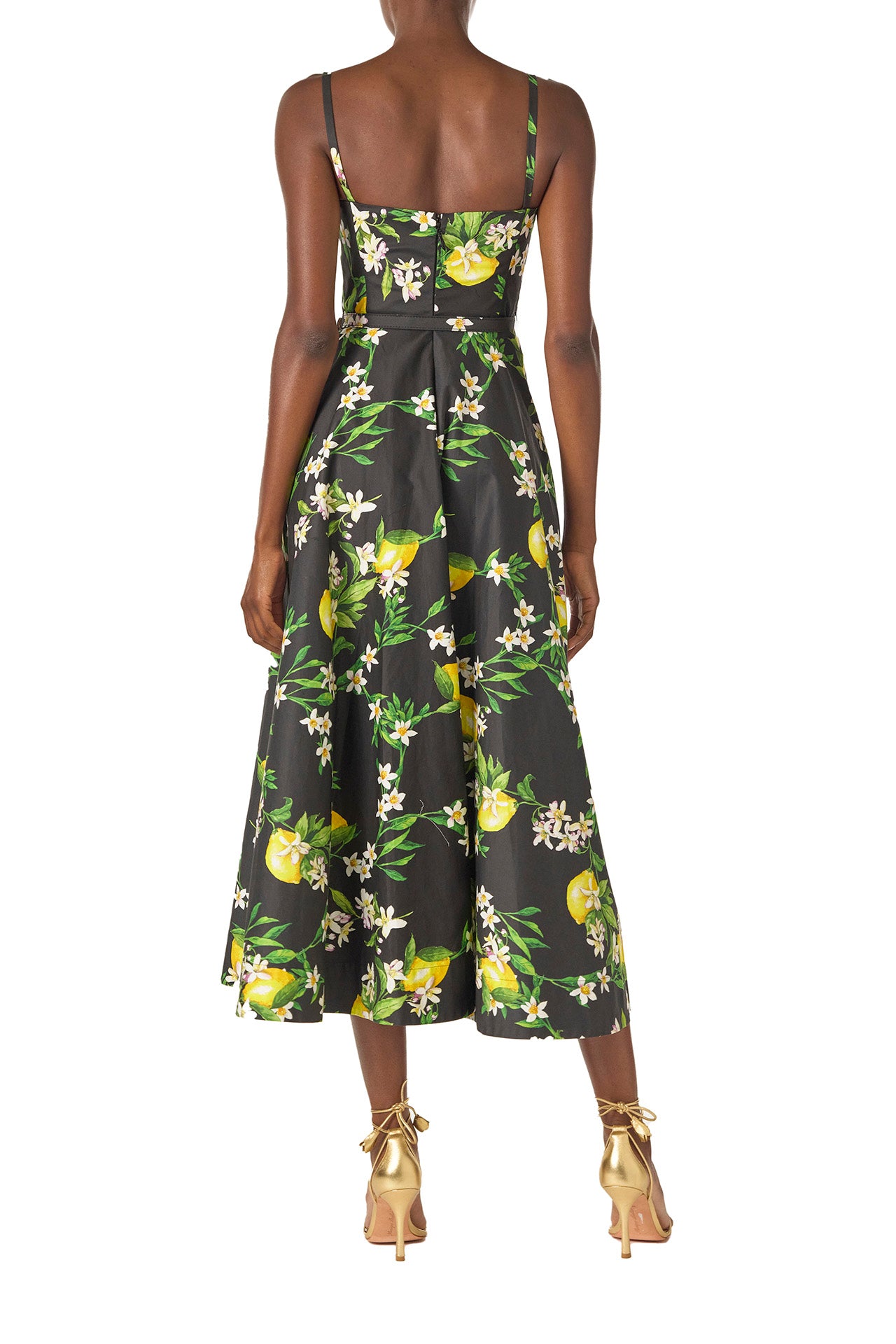 Monique Lhuillier Spring 2025 A-line midi dress with spaghetti straps, corseted bodice and pockets in Lemon printed cotton poplin - back.