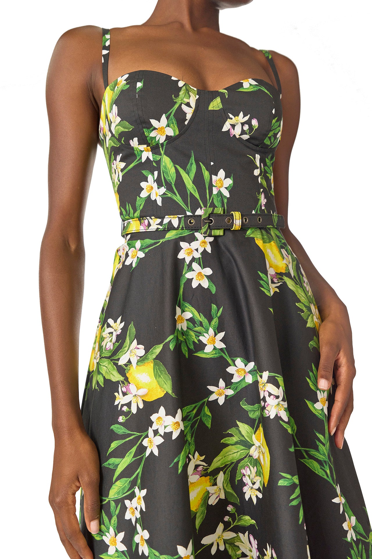 Monique Lhuillier Spring 2025 A-line midi dress with spaghetti straps, corseted bodice and pockets in Lemon printed cotton poplin - fabric detail.