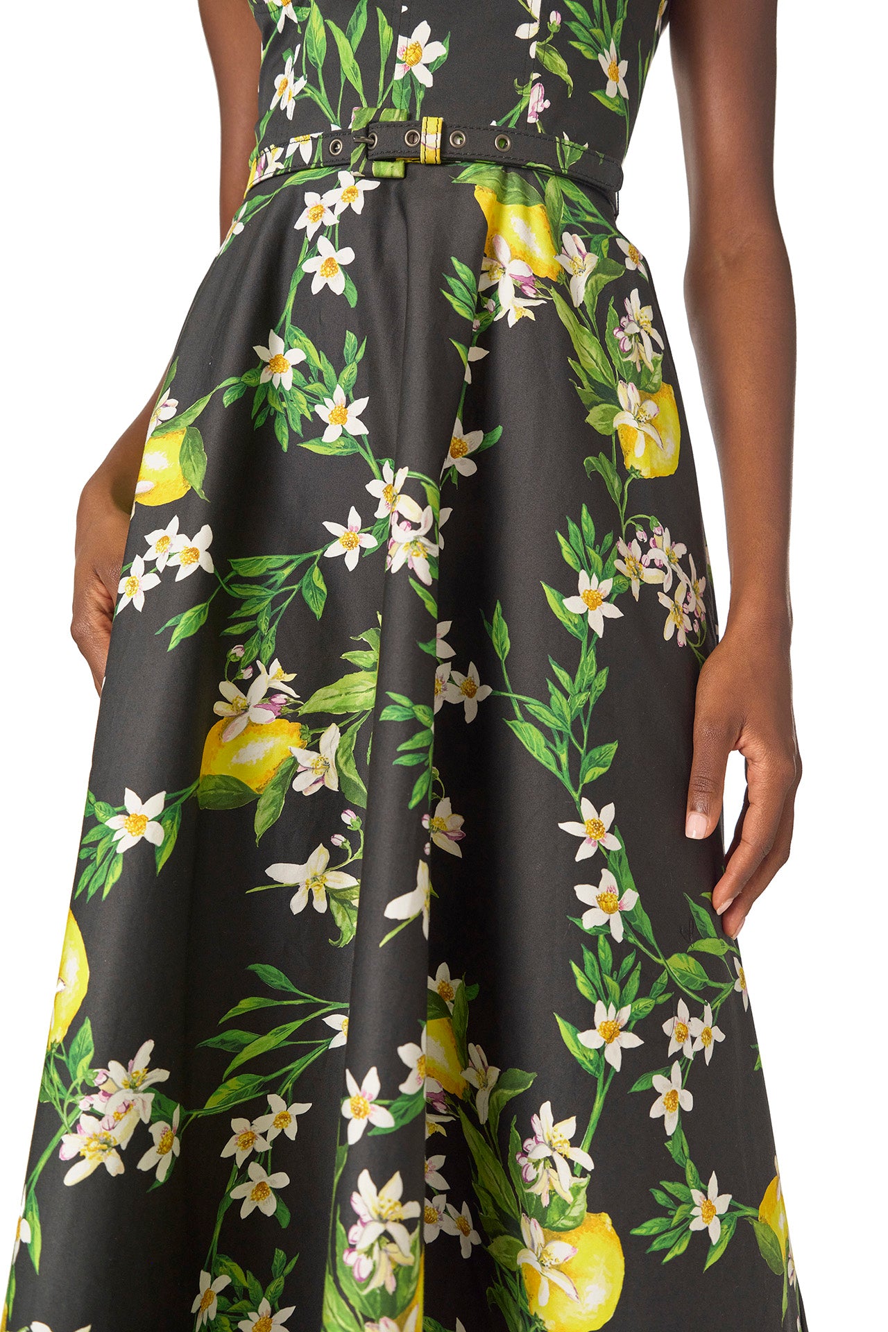Monique Lhuillier Spring 2025 A-line midi dress with spaghetti straps, corseted bodice and pockets in Lemon printed cotton poplin - fabric.