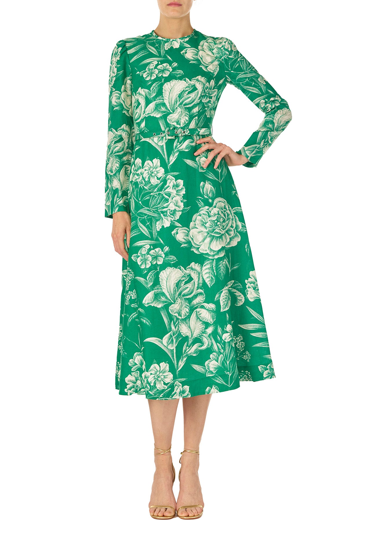Monique Lhuillier Spring 2025 Floral toile printed linen long sleeve day dress with jewel neckline and circular skirt in grass silk white color - front.