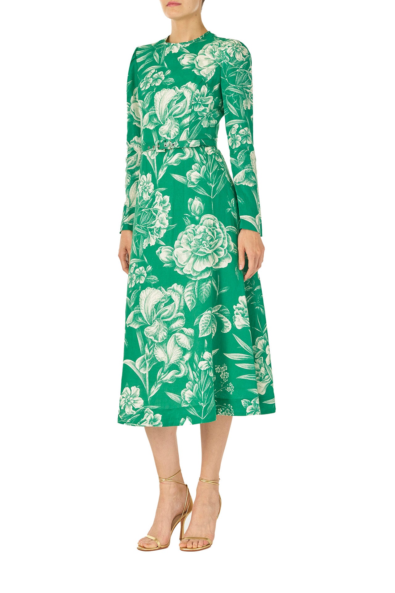 Monique Lhuillier Spring 2025 Floral toile printed linen long sleeve day dress with jewel neckline and circular skirt in grass silk white color - left side.